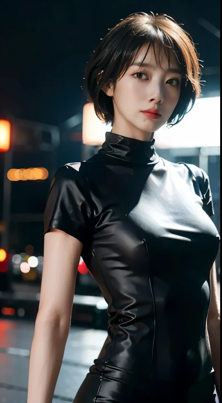 (8K, RAW photo, highest quality, masterpiece:1.2), (realistic, photo-realistic:1.37),(K-POP idol), (charming monkey:1),cute,professional lighting, photon mapping, radio city, Physically based rendering, cosplay, Lucy \(cyber punk\),bob cut,mechanical parts,gray eyes, Black tight suit,cyber punk city, black pants,night,neon light,sexy,cigarette, looking at the viewer,, 8K high resolution, 8K, CG Wallpapers, realistic, clear background, medium breasts, whole body