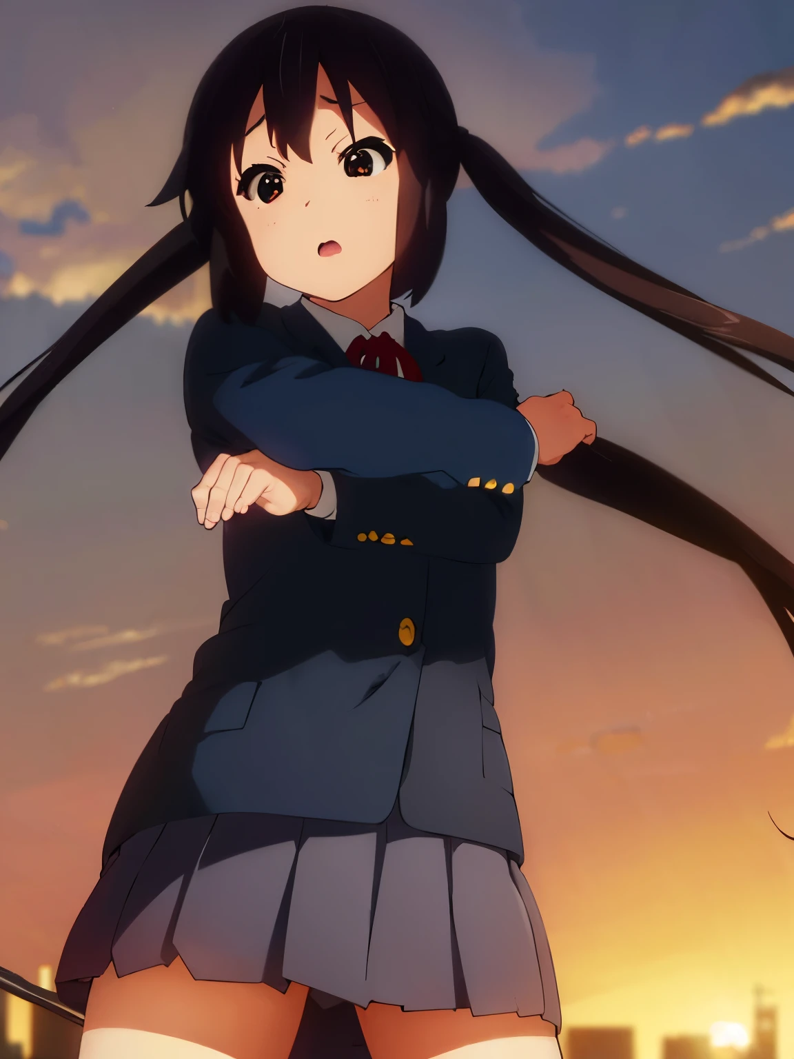 1girl, (((masterpiece))), top-quality, top-quality, High Details, nakano azusa, 1girl, Sakuragaoka High School Uniform, student clothes, Twin-tailed, length hair, A dark-haired, brown-eyed, 独奏, reddish, Dark blue blazer with thin red ribbon, Solid white buttoned shirt under blazer, illustratio, comic strip, soothing tones, Subdued Color, Soft cinematic light, adobe lightroom, photolab, HDR, intricately and hyper-detailed、(((depth of fields))))。(((masterpiece)))。(((top-quality))).)((ultra-detailliert)))。(((illustratio)))。(((takeout))).dynamic focus.big breasts.(((Skyscrapers))).(((A city scape))).(((Face of sadness))). open mouth.(((fighting stance))).(((up chest))).((evening glow)).((the setting sun)).