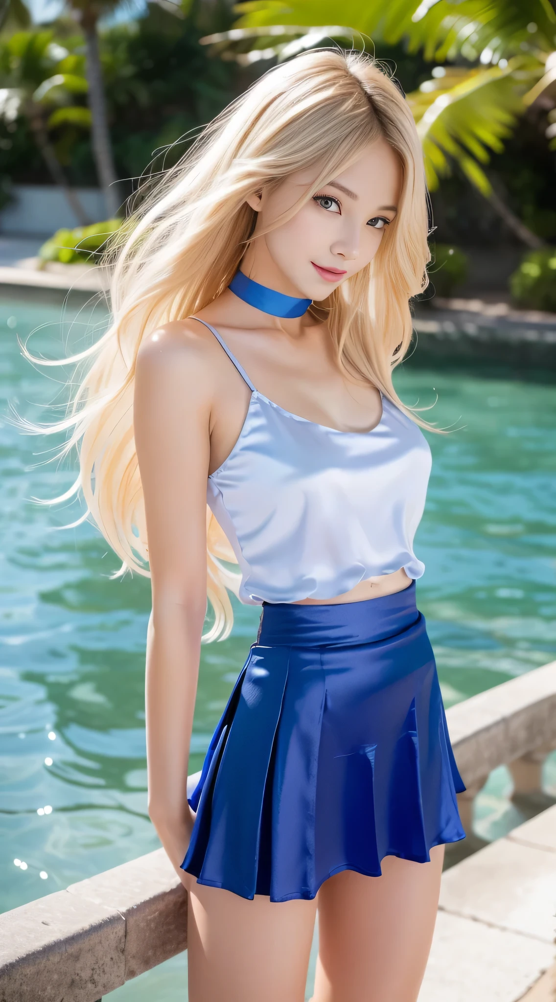 (full body figure:1.2), (nine-headed body:2.0), (thin thighs), (thin and long legs: 2.0), (pumps:1.2), Transparent white glossy skin, 25 years old, cute sexy little handsome face, thin face, pink lips, parted lips, ( Hair parted to one side:1.5), tall lights, light blue eyes, sexy face, sexy cute young woman, Long natural blonde shiny hair, choker, ( silky blue sexy tops:1.3), (silky blue tight skirt :1.3), blonde shiny bright hair, natural wavy hair, (intricate details: 1.2), Almond Eyes, (detailed face), Beautiful smile, My cheeks turned red, Medium chest, slender body shape, tight waist, small ass, (people々)The visible part of the thigh between the skirt, beautiful hands, thin shoulders, look at the audience, Skirt blowing in the wind, woman posing for a photo, Standing facing forward, Composition showing from above the knees to the head, The sea shining in the morning sun, tropical island, Palm tree