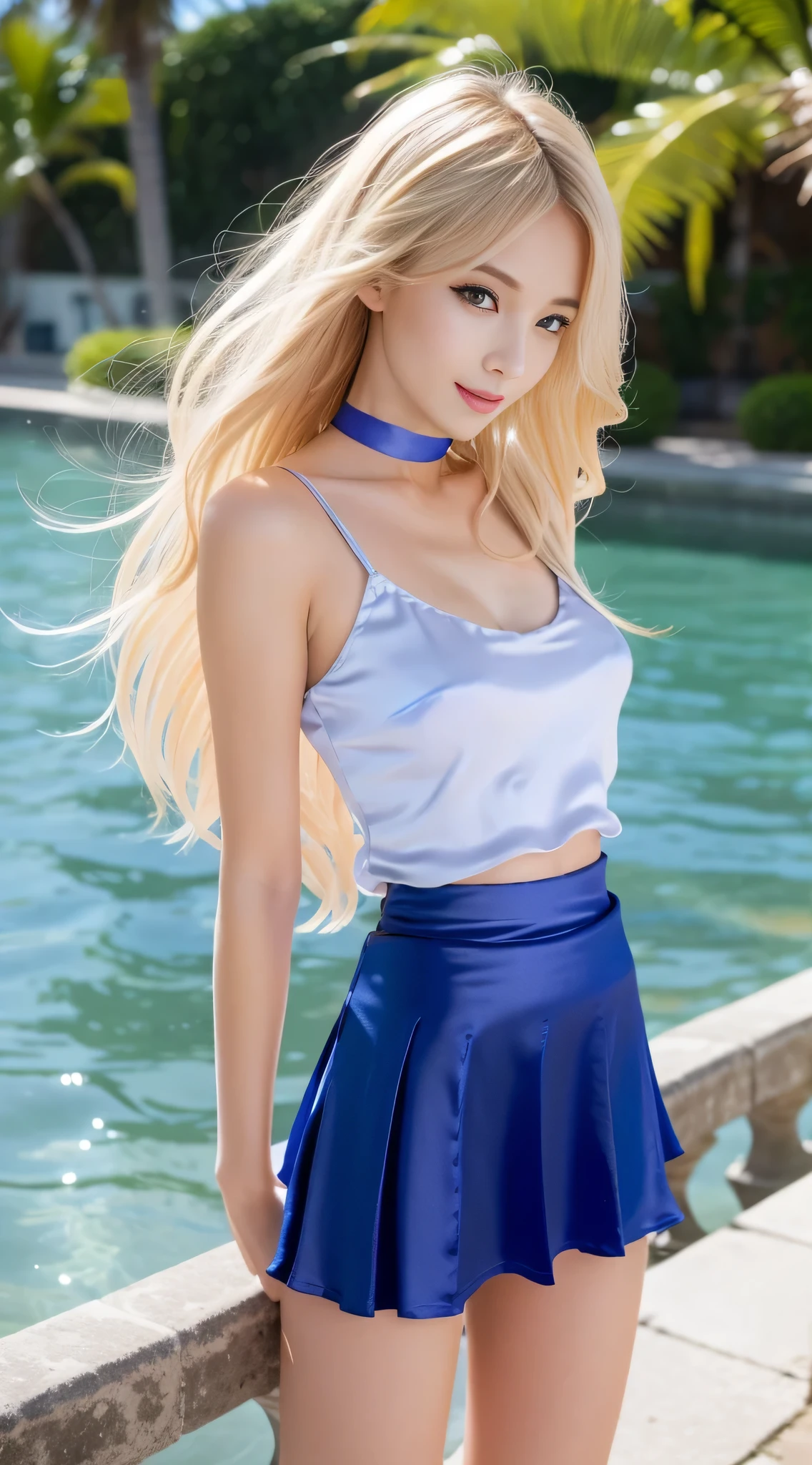(full body figure:1.2), (nine-headed body:2.0), (thin thighs), (thin and long legs: 2.0), (pumps:1.2), Transparent white glossy skin, 25 years old, cute sexy little handsome face, thin face, pink lips, parted lips, ( Hair parted to one side:1.5), tall lights, light blue eyes, sexy face, sexy cute young woman, Long natural blonde shiny hair, choker, ( silky blue sexy tops:1.3), (silky blue tight skirt :1.3), blonde shiny bright hair, natural wavy hair, (intricate details: 1.2), Almond Eyes, (detailed face), Beautiful smile, My cheeks turned red, Medium chest, slender body shape, tight waist, small ass, (people々)The visible part of the thigh between the skirt, beautiful hands, thin shoulders, look at the audience, Skirt blowing in the wind, woman posing for a photo, Standing facing forward, Composition showing from above the knees to the head, The sea shining in the morning sun, tropical island, Palm tree