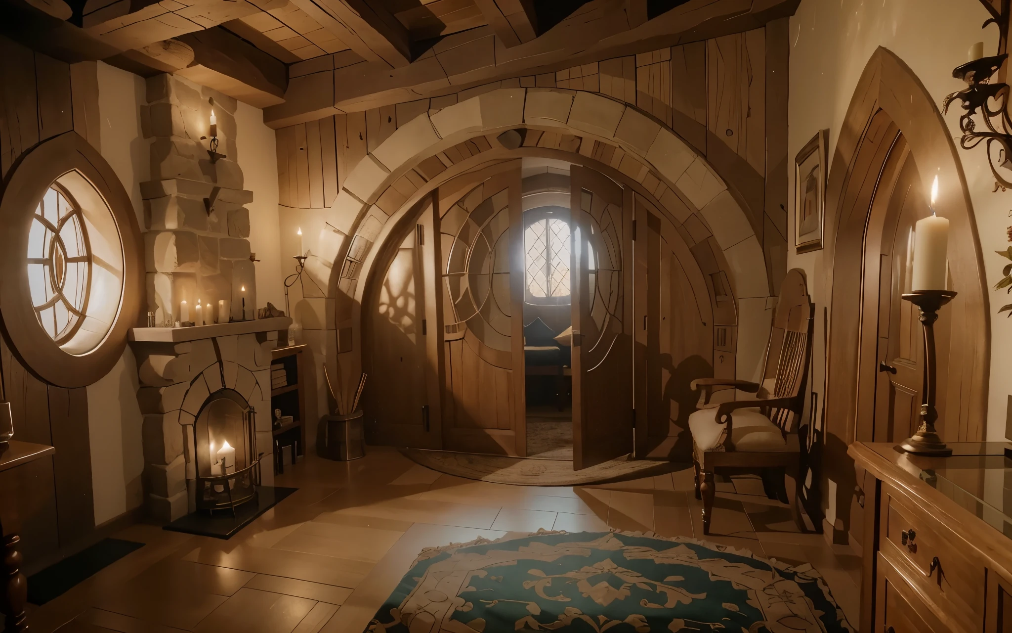 um lindo e aconchegante castelo de madeira hobbit, com lareira lateral, a room with carpet and incredible glass, there are candles in the picture, MAKE THE MOST DETAILED PICTURE