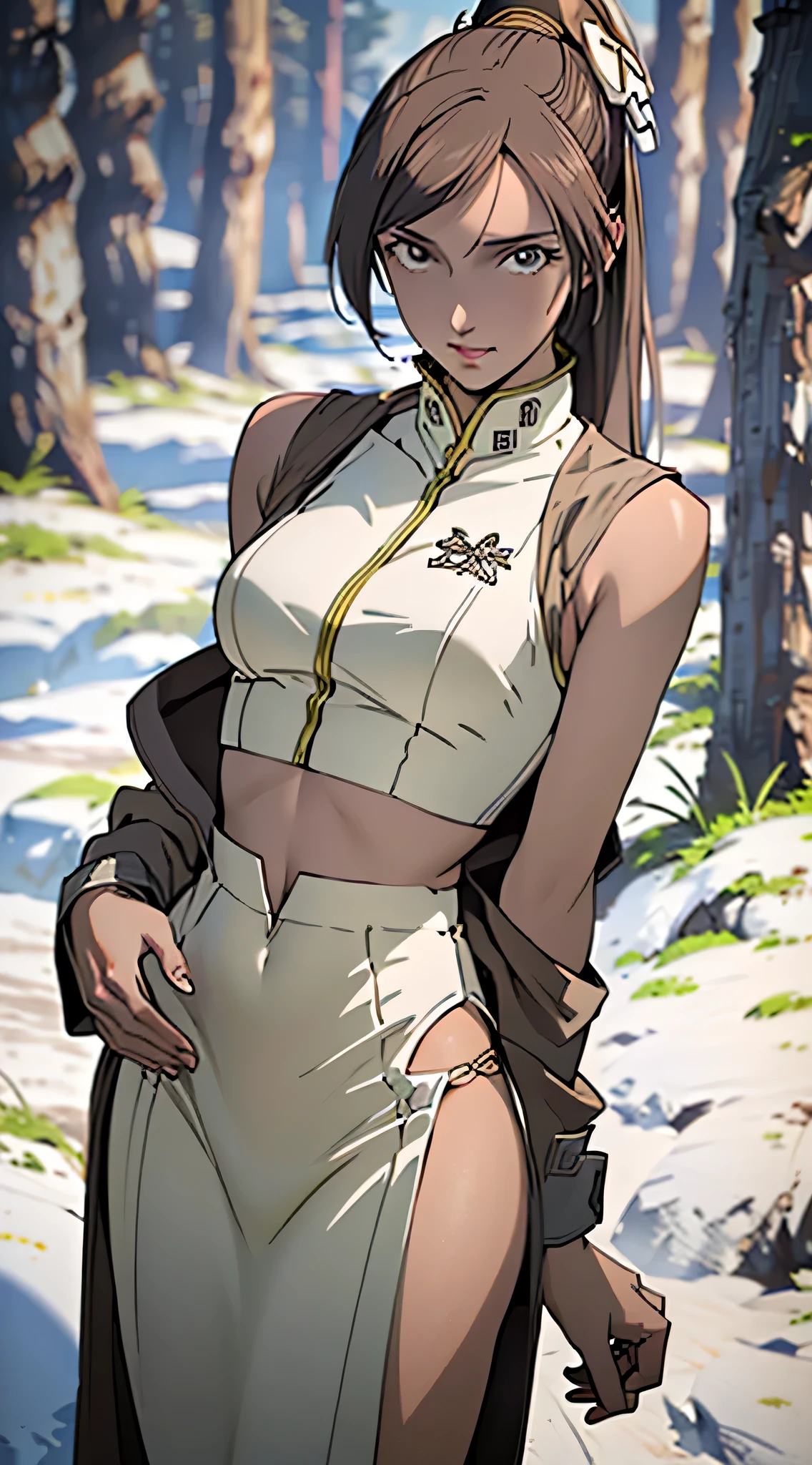 (best quality) , (highly detailed) ,masterpiece ,absurdres ,detailed face ,beautiful face ,(detailed eyes, deep eyes, anime eyes) ,1girl , solo, upper body, slight smile, Standing with hands on the waist, narvi_bb, ponytail, black eyes, black hair, dark-skinned female, dark skin, long hair, hair ornament, sleeveless, black baggy pants, white army boots, ,slutty,erotic,daring,((nsfw)), zettai ryouiki,revealing clothing,show skin,(((Sexy brown fur coat, brown fur coat outfit,brown winter coat))), ((denim mini-short,visible denim thong straps)),((underpants strap)),(white navel,print clothes,semi-naked,(((intricate outfit,intricate clothes,embroidered outfit,ornate outfit,embroidered clothes,ornate clothes))), (dynamic pose:1.0),embarrassed,(centered,scale to fit dimensions,Rule of thirds), ((snowy pine forest)),winter,scenery:1.25,((intricate scenery)),((snow forest background)),Christmas tree, (Glossy winter ornaments),highres,sharp focus,(ultra detailed,extremely detailed),(photorealistic artwork:1.37),(extremely detailed CG unity 8k wallpaper),(((vibrant colors,vibrant theme))),(intricate),(masterpiece),(best quality),