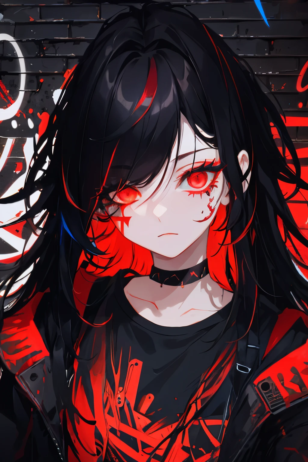 best quality, intricate details, chromatic aberration,
1girl, long hair, black hair, messy hair, red highlights, hair over one eye, red eyes, sharp eyes,
choker, neon shirt, torn legwear, open jacket,
against wall, brick wall, graffiti, glowing grafiti, glowing tattoos, glow, neon lights,
blacklight,