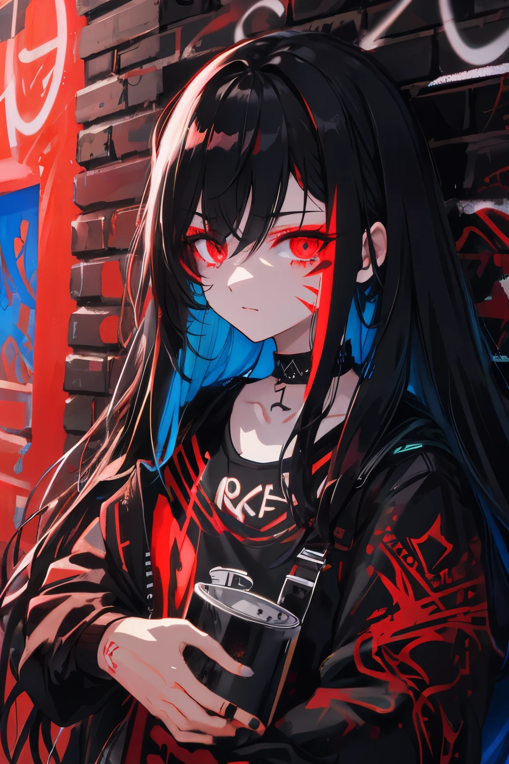 best quality, intricate details, chromatic aberration, 

1girl, long hair, black hair, messy hair, red highlights, hair over one eye, red eyes, sharp eyes, 

choker, neon shirt, torn legwear, open jacket, 

against wall, brick wall, graffiti, glowing grafiti, glowing tattoos, glow, neon lights, 


blacklight,  