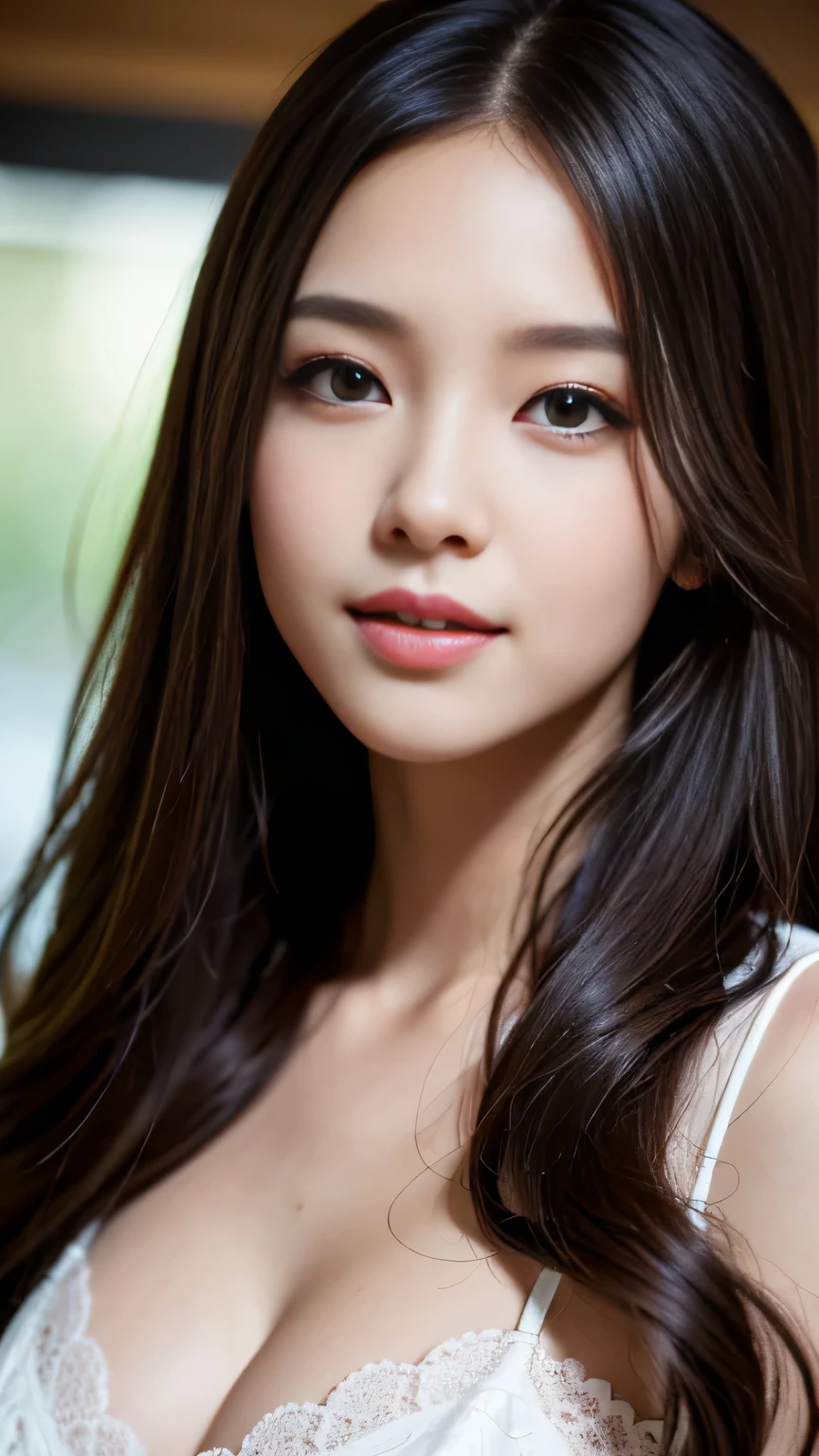 close, masterpiece, highest quality, RAW photo, photorealism, smile, beautiful girl, cute, long hair, written boundary depth, High resolution, ultra be familiar with, be familiar with, highly be familiar withed eyes and face, sharp pupils, realistic student, sharp focus, cinematic lighting、cleavage emphasis、