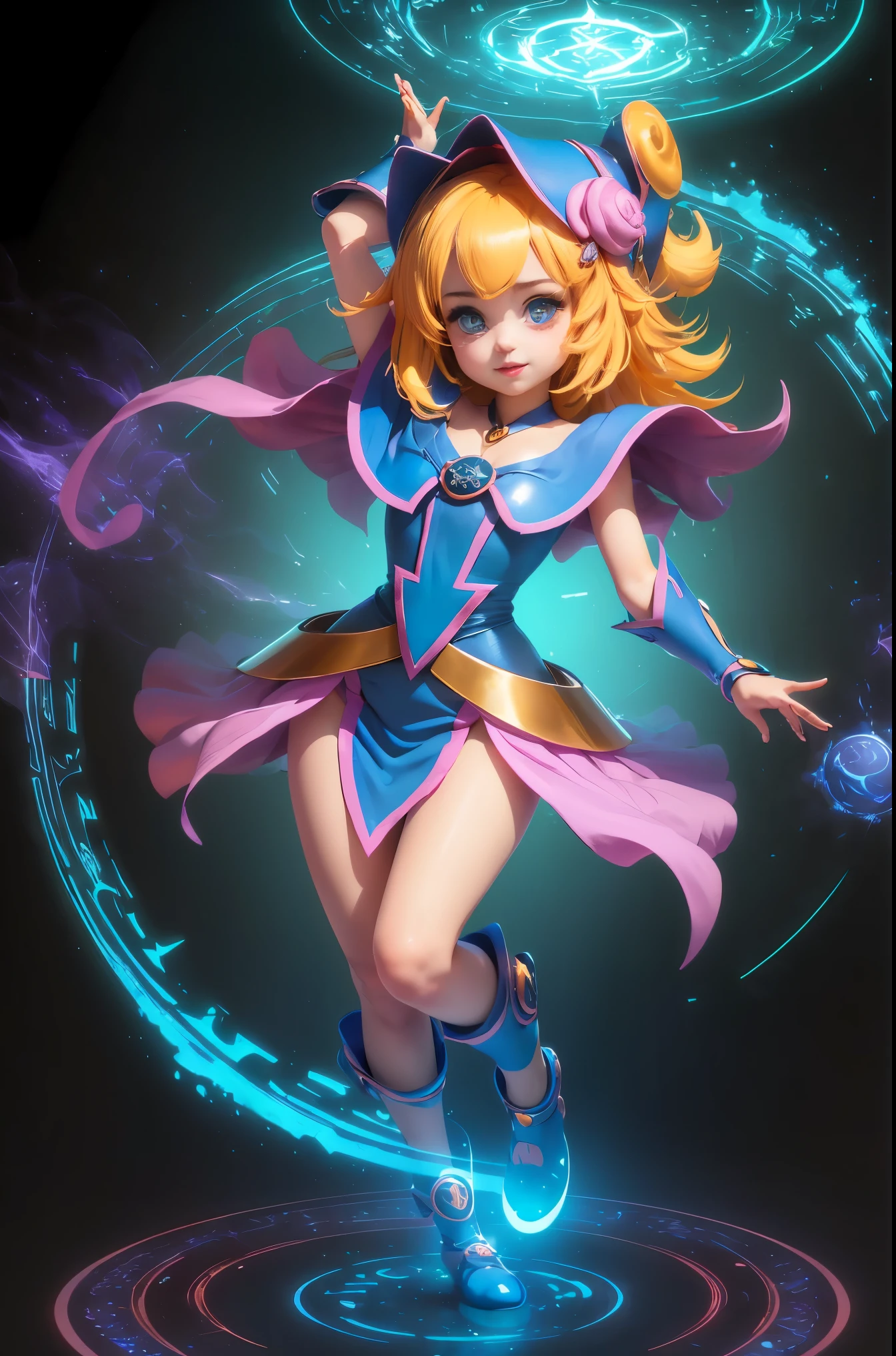 The full body 3d artwork of super lindo girl, 1 chica, ojos bonitos azules, Ojos grandes , cabello rubio y largo. lindo, feliz, C4D, heart bubbles,fondo de magia, Chibi, fluorescent translucent, cuerpo brillante,kawaii, dollface, posar, hoja de referencia, pixar,detalles complejos, 3d representation, renderizador OC, foll body hoja de referencia, regatear, detalles altos, 8k, studio lighting,, , , Chibi, SD character:1.1