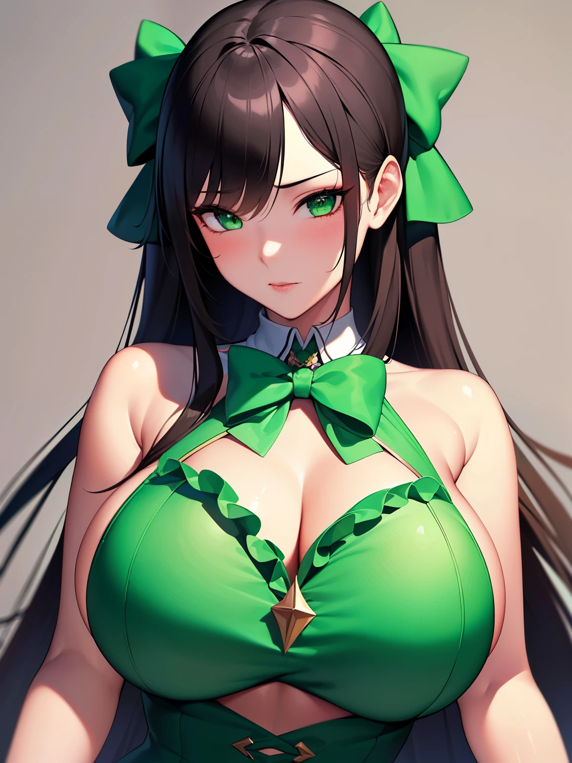 (8K, Best quality, tmasterpiece:1.2),\(eye detailed\),(\(Clothes detail details\)\),full bodyesbian,(huge tit),(Facial focus) ,Very detailed CG unity 8K wallpaper,hugefilesize,ultra - detailed,A high resolution,absurderes,beautidful eyes,Ray traching,dramatic shadow,finely detailled,Dramatic angles,Hyper-detailing,(1 girl:1.3),(Solo),,Mature female,Long hair black,Green eyes,Wearing(cosplaying_magical girl,very cute green dress with ruffles,Large Ribbon Bow Tie Back),