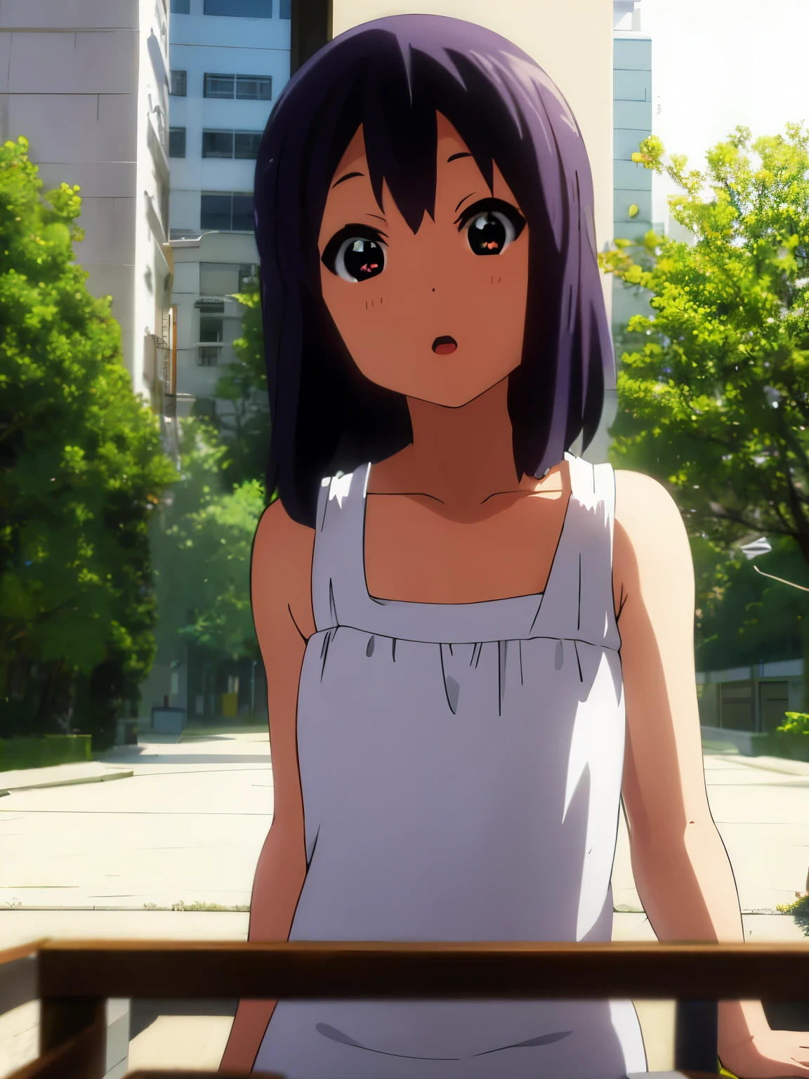 (best quality, masterpiece:1.2), 1girl, solo, anime, anime screencap,  ray tracing, global illumination, ultra resolution image, vivid color,  cinematic light,  lens flare,  light on face, glow eyes,  depth of field, happy, detailed background, cute,  straight-on, nakano azusa, dive dress, navel,