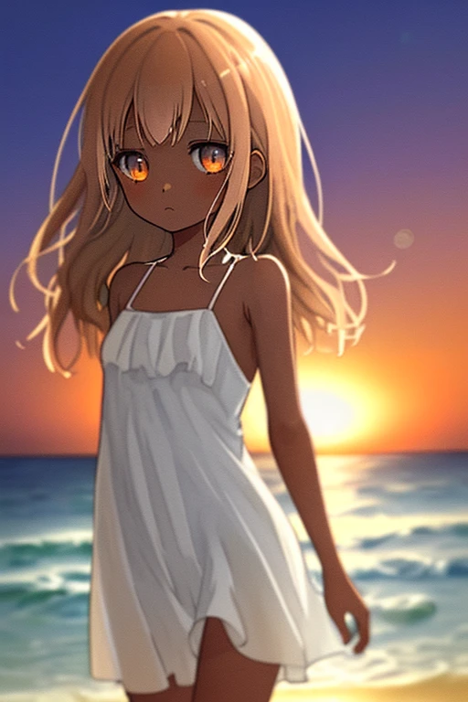 masterpiece, high quality, A girl in a one-piece dress standing on the beach at duskm, The illustration is drawn in watercolor with a pastel color scheme, soft touch color, long brown hair, dark_skin, brown eye's, eyes in highlight, catch light eyes, specular highlight eyes, white one-piece dress, okinawa, beach, sunset, magic hour, twilight, bokeh, Blurred Backgrounds,