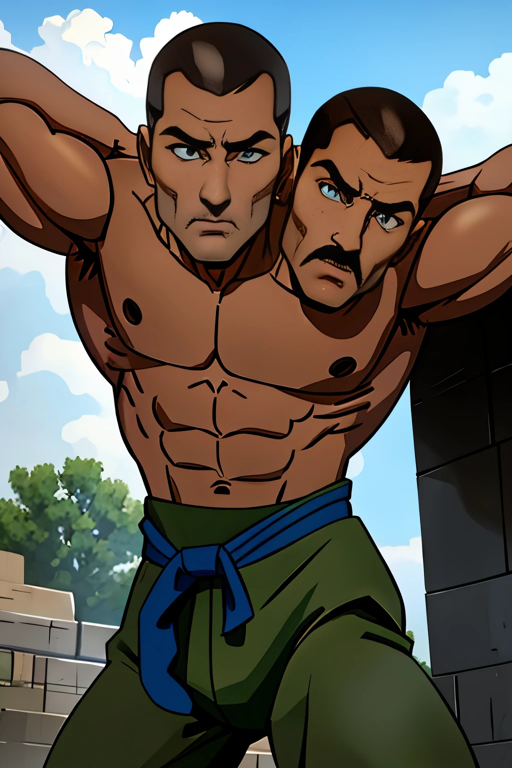 1man, perfect brown detailed eyes, perfect blue detailed eyes,masterpiece, best quality, ,buzzcut dark brown hair, short light brown hair, outdoor, action shot,whole body, ((gi joe)) ,strong pecs ,shirtless,wet skin, glistening skin, good hands, , sweaty skin, .((2heads)), conjoined dicephalus,very wet skin, , wearing cammo pants, facial hair, 8k, high resolution
