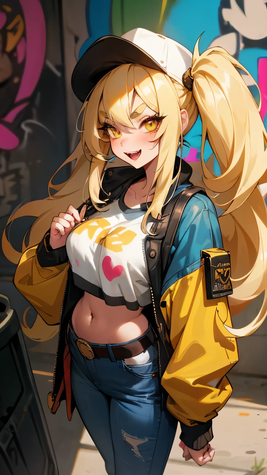 original character, volume lighting, best shadows, shallow depth of field, Portrait of an amazingly beautiful girl, , Delicate Beautiful Attractive Face With Alluring Yellow Eyes, Messy Painted Face, sharp eyebrows, A big smile, open your mouth, Fangs Out, nice medium chest, Layered Long Twintail Blond Hair, blush eyeshadow, thick eyelashes, Applejack Hat, Oversized Pop Jacket, Mini Underboob Tee, open the navel, slim waist, Denim Jeans Pants, with buckle belt, In The Graffiti Alley, Waste container, Outdoor staircase, Outdoor Unit, Holding Spray Paint Can, Are standing, (highest quality, amazing details:1.25), (alone:1.3), vivid colorful paintings、very big big tits、blowjob、penis
