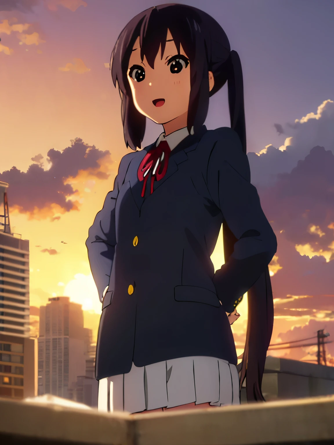 (best quality, masterpiece:1.2), 1girl, (((masterpiece))), top-quality, top-quality, High Details, nakano azusa, 1girl, Sakuragaoka High School Uniform, student clothes, Twin-tailed, length hair, A dark-haired, brown-eyed, 独奏, reddish, Dark blue blazer with thin red ribbon, Solid white buttoned shirt under blazer, illustratio, comic strip, soothing tones, Subdued Color, Soft cinematic light, adobe lightroom, photolab, HDR, intricately and hyper-detailed、(((depth of fields))))。(((masterpiece)))。(((top-quality))).)((ultra-detailliert)))。(((illustratio)))。(((takeout))).dynamic focus.big breasts.(((Skyscrapers))).(((A city scape))).(((Face of Smile))). open mouth.(((put hands on the hip))).(((up chest))).((evening glow)).((the setting sun)), solo, anime, anime screencap,  ray tracing, global illumination, ultra resolution image, vivid color,  cinematic light,  lens flare,  light on face, glow eyes,  depth of field, happy, detailed background, cute,  straight-on, dive dress, navel,