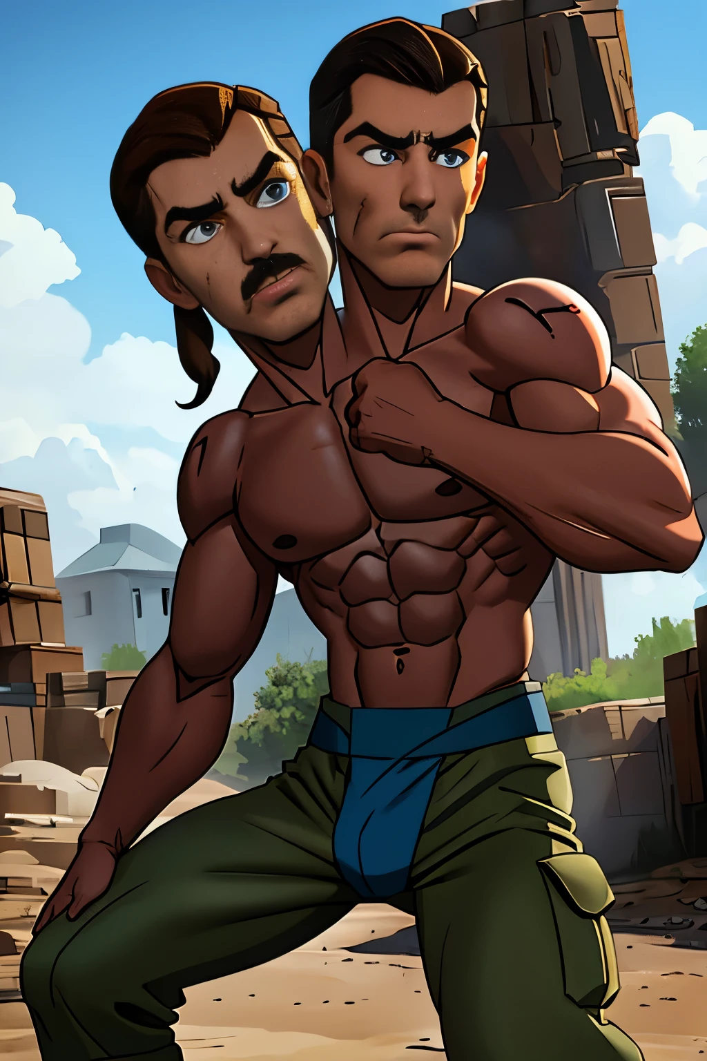 1man, perfect brown detailed eyes, perfect blue detailed eyes,masterpiece, best quality, ,short dark brown hair, short light brown hair, outdoor, action shot,whole body, ((gi joe)) ,strong pecs ,shirtless,wet skin, glistening skin,  good hands, , sweaty skin, .((2heads)), conjoined dicephalus,very wet skin, , wearing cammo pants, facial hair, 8k, high resolution, tatooed