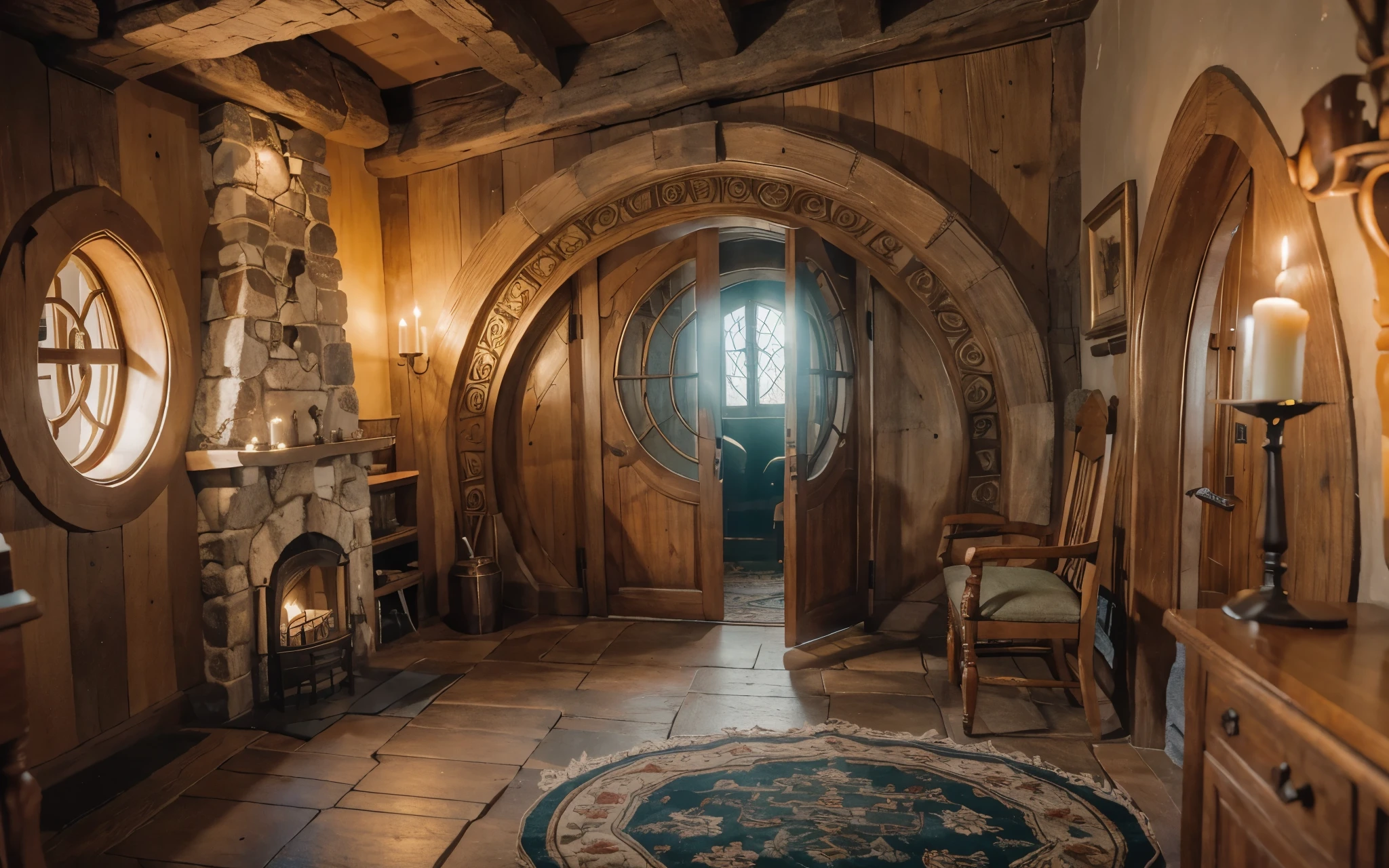 um lindo e aconchegante castelo de madeira hobbit, com lareira lateral, a room with carpet and incredible glass, there are candles in the picture, MAKE THE MOST DETAILED PICTURE