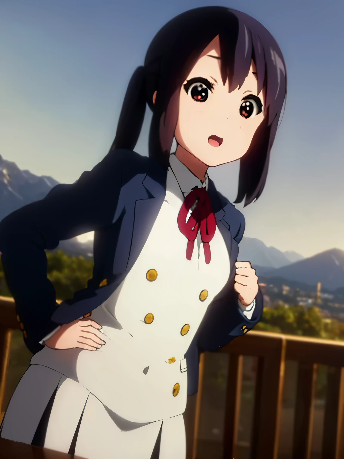(best quality, masterpiece:1.2), 1girl, (((masterpiece))), top-quality, top-quality, High Details, nakano azusa, 1girl, Sakuragaoka High School Uniform, student clothes, Twin-tailed, length hair, A dark-haired, brown-eyed, 独奏, reddish, Dark blue blazer with thin red ribbon, Solid white buttoned shirt under blazer, illustratio, comic strip, soothing tones, Subdued Color, Soft cinematic light, adobe lightroom, photolab, HDR, intricately and hyper-detailed、(((depth of fields))))。(((masterpiece)))。(((top-quality))).)((ultra-detailliert)))。(((illustratio)))。(((takeout))).dynamic focus.big breasts.(((Mountain views))).(((A mountain scape))).(((Face of Smile))). open mouth.(((put hands on the hip))).(((up chest))).((evening glow)).((the setting sun)), solo, anime, anime screencap, ray tracing, global illumination, ultra resolution image, vivid color, cinematic light, lens flare, light on face, glow eyes, depth of field, happy, detailed background, cute, straight-on, dive dress, navel,