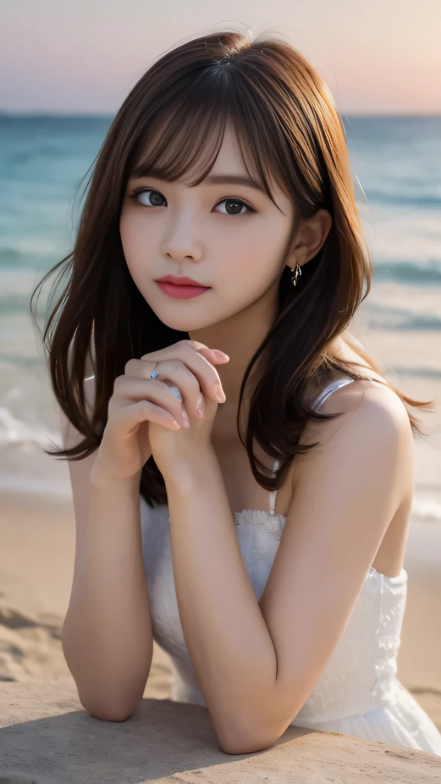 table top, highest quality, shape, Super detailed, finely, High resolution, 8k wallpaper, 完璧なダイナミックな構shape, beautiful and detailed eyes, Wear a dress, natural color lip,beach, ランダムでcuteポーズ, flowing bangs, sunset，，beautiful feet,KPOP idol face,perfect and beautiful face,cute