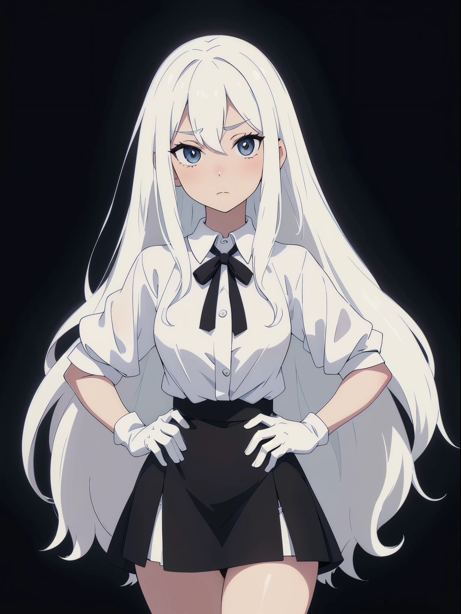 ((White hair)),((Head and Shoulders Image)),(super-long hair),Sexy,A person,Alone,Simple style,pancake ,Simple details,Black background,Empty background,Black background wall,(20 year old woman),(Droopy hair),(White Gloves),Puffy skirt,(Lace Shirt),Lace,((Shy))
