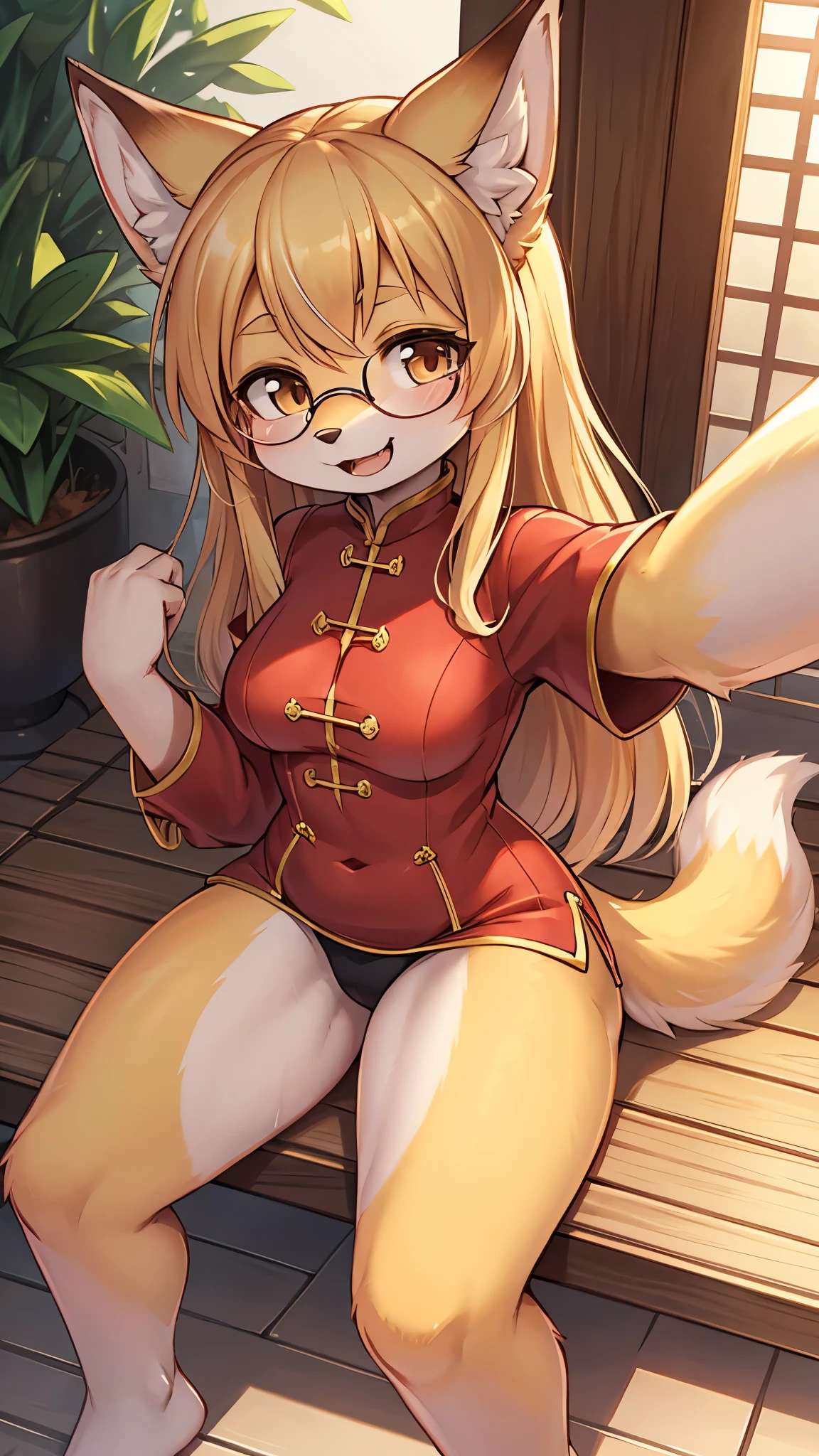 fox girl,yellow long hair,wavy hair,beige fur,red cheongsam,glasses,chinese garden,smile,two closed eye,open mouth,sitting,upper body only,selfie