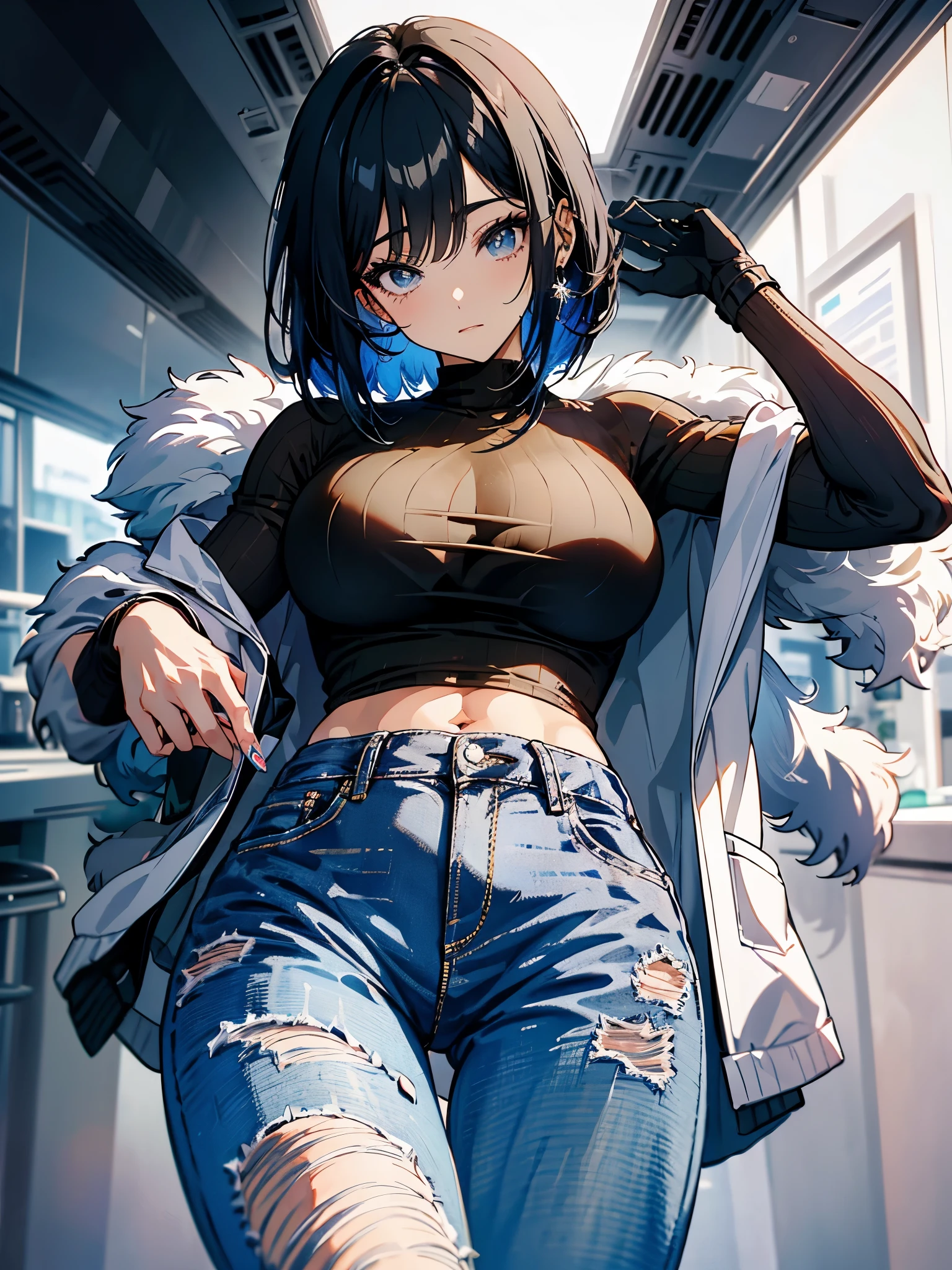 personagem anime, uma mulher com uma camisa preta manga comprida, jeans azul, decote, seios grandes redondos, big ass, thick muscle body, cabelo castanho, cabelo curto, short bob hair, neck length, olhos verdes esmeralda, uma pintura digital inspirada em Tomer Hanuka, trends on pixiv, series art, closeup de estilo de gesto pesado, detalhes do corpo inteiro, vestindo roupas casuais, estilo anime, estilo anime hiper detalhado, personagem de estilo anime, impressionante estilo de arte detalhado, estilo de arte realista, estilo de anime limpo e detalhado, estilo de anime moderno, cabelo castanho, corpo inteiro