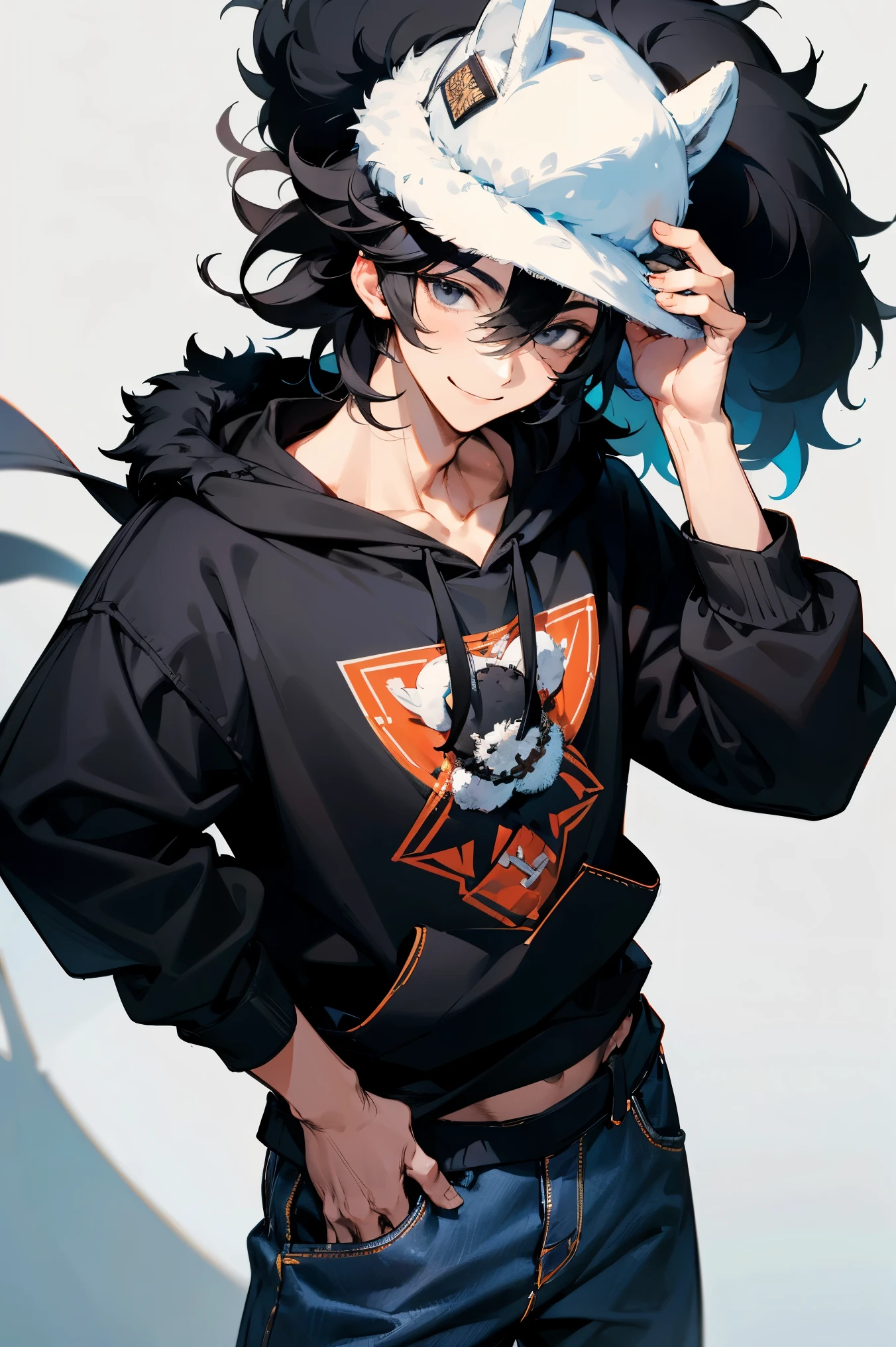 1male , black hair ,Black Eyes, messy hair, Black Hoodie , blue jeans , smiling expression , best generation , masterpiece quality , Young male , Casual Clothing , Northern Style Fur Hat , White Hat with black spots, Hat with brim