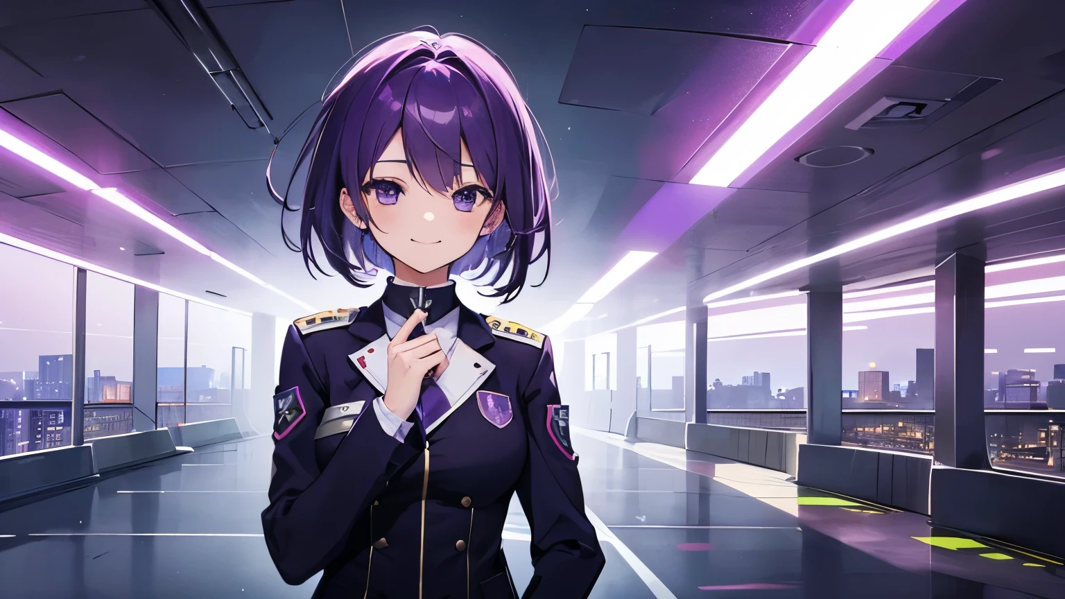 (T Masterpiece,4k wallpaper,best quality))、((girl1people))、(solo)、Brilliant,(purple hair)、(shortcut:1.3)、smile、desolation、SF,uniform