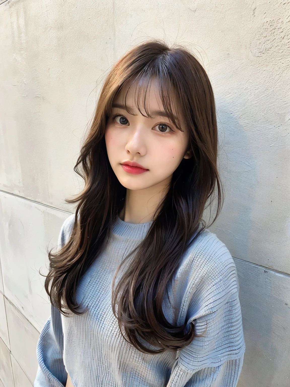 top quality, 1 beautiful woman, 28 years old, s, 35mm lens, f/1, Cowboy shot, Concrete background、Tile background、pastel blue knit、light brown、tile wall,from below、wavy hair、medium hair