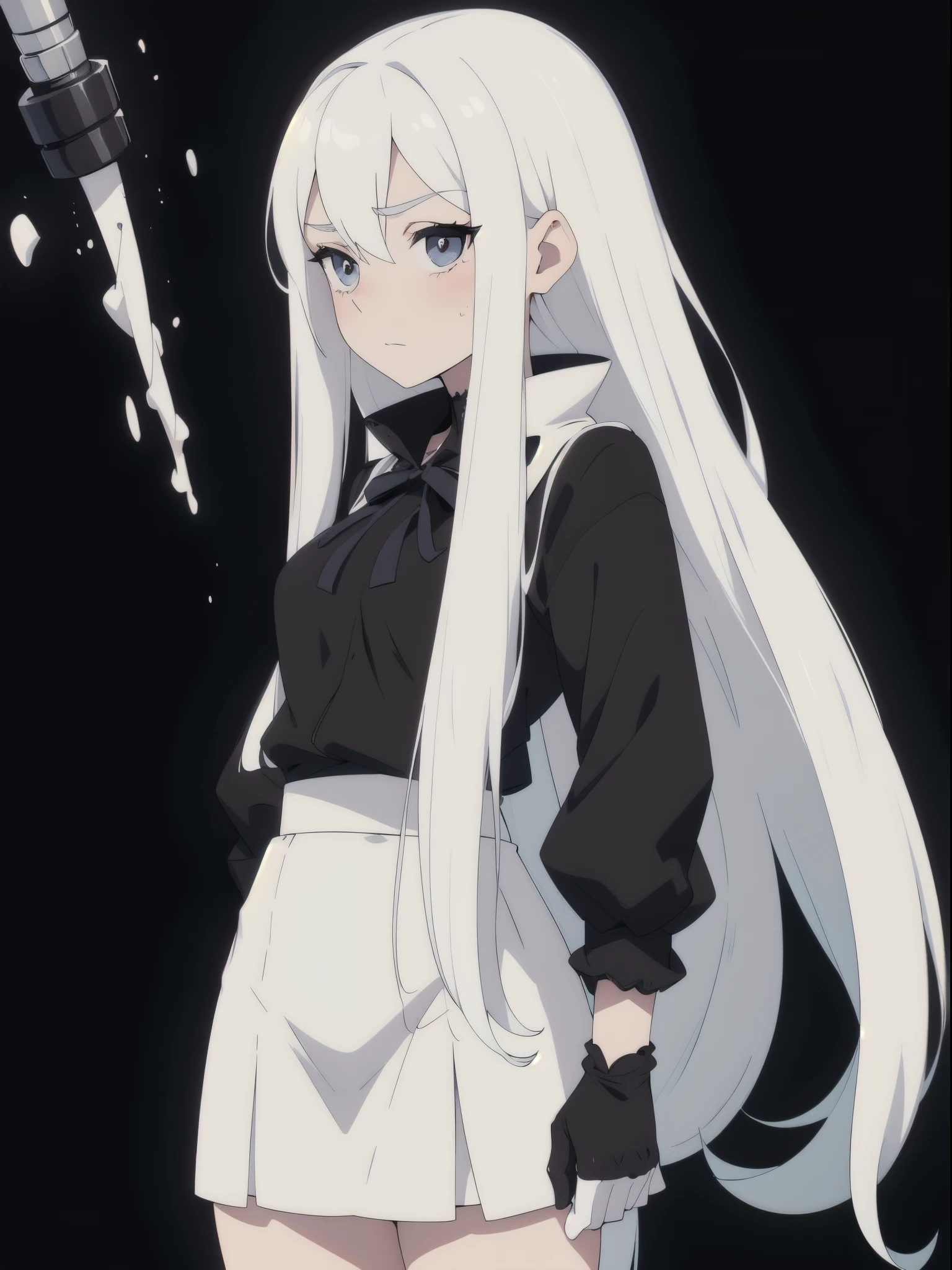 ((White hair)),((Head and Shoulders Image)),(super-long hair),Sexy,A person,Alone,Simple style,pancake ,Simple details,Black background,Empty background,Black background wall,(20 year old woman),(Droopy hair),(White Gloves),Puffy skirt,(Lace Shirt),Lace,((Shy))