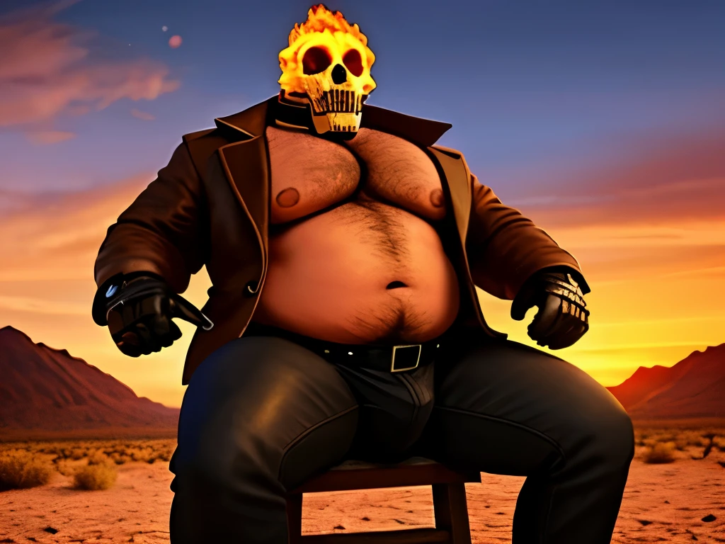 (8k realistic), (Hdr), (high resolution), masterpiece, best art of all, skull, skull on fire, man with skull head on fire, (leather coat:1.3, leather gloves, spike choker), ghostrider, skeleton head, skull head, skull mask, monster, demon, skeleton head covering human head, thick, musclechub, chubby, big, burly, fat, hairy body, chest hair, sitting on leather stool, legs spread, hard bulge, hard penis, grabbing bulge, covered bulge, black pants, horny, aroused, outdoors, desert, abandoned wooden shack, sunset, red lighting, scary, perfect anatomy, close up, low angle, bare feet