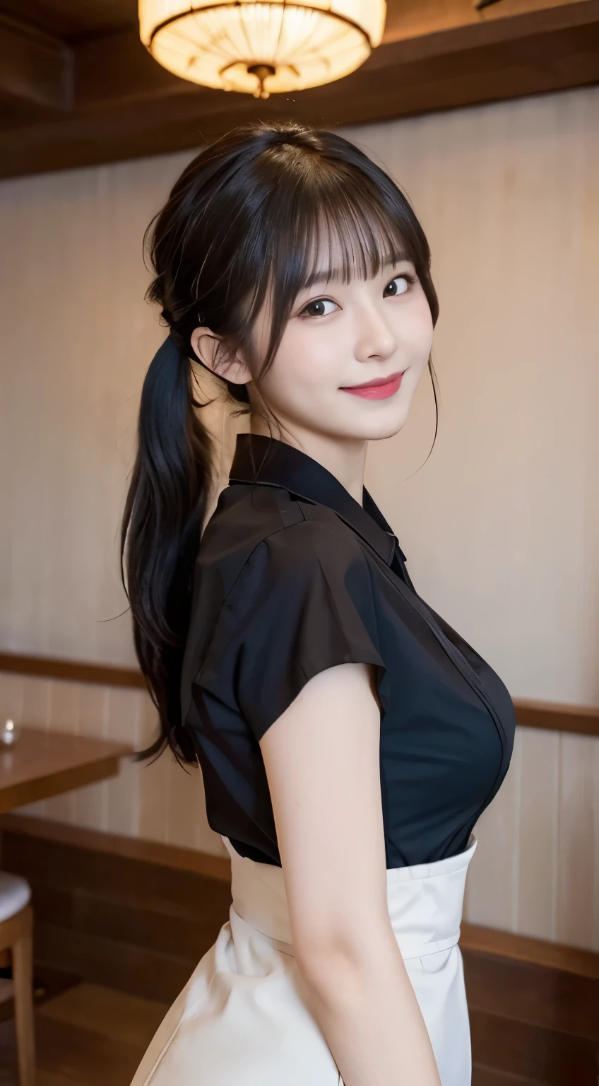 (highest quality,masterpiece:1.3,Super high resolution,),(super detailed,caustics),(Photoreal:1.4,RAW shooting,)ultra-realistic capture,very detailed,High resolution 16K human skin close-up。 Natural skin texture、,The pores are、、Must be detailed enough to be easily identified。 Skin should look even-toned and healthy。 Use natural light and color,restaurant,Waitress Uniform,1 girl,Japanese,18-year-old,cute,black haired,ponytail,big breasts,smile,turn the body forward,(Front view:1.1),look at the camera,cowboy shot,