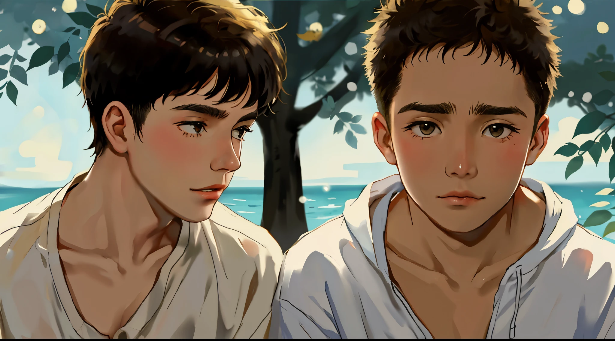 A closeup of two cute 16 year old men are sad