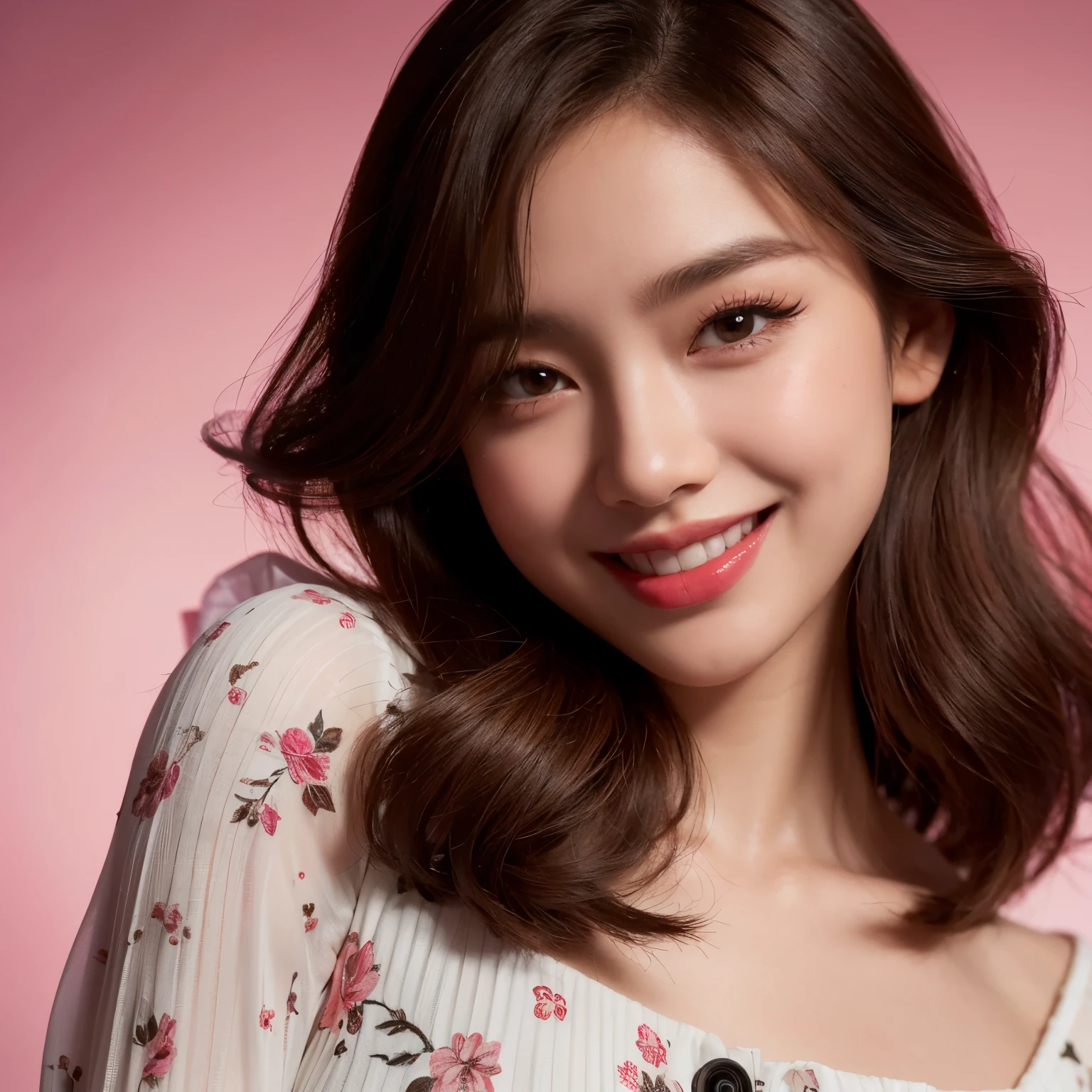 masterpiece, bestquality, photorealistic portrait, ultra-detail, detail, high-res, hyper realistic photography, dramatic shade, studio lighting, top dutch angle, an expressive indonesian adult girl stylish, happy radiant & winked eyes with cuteness, jisoo blackpink type looks with stylish brown hair, wear white floral dress stylish open shoulder, facial detail, bright big eyes on camera, pore moist natural white shiny radiant skin, good makeup, blushy cheeks, red lips, good eye makeup, cleavage shows, big breast, nipple shows transparently, pink background, cinematic, Perfect dynamic composition, beautiful detail eyes, eyes on camera, Fujifilm XF 56mm f/1.2 R Lens. HDR10 8K wallpaper, high detailed, wallpaper quality, good anatomy, body, hand & fingers (lora:add_detail:0.8)