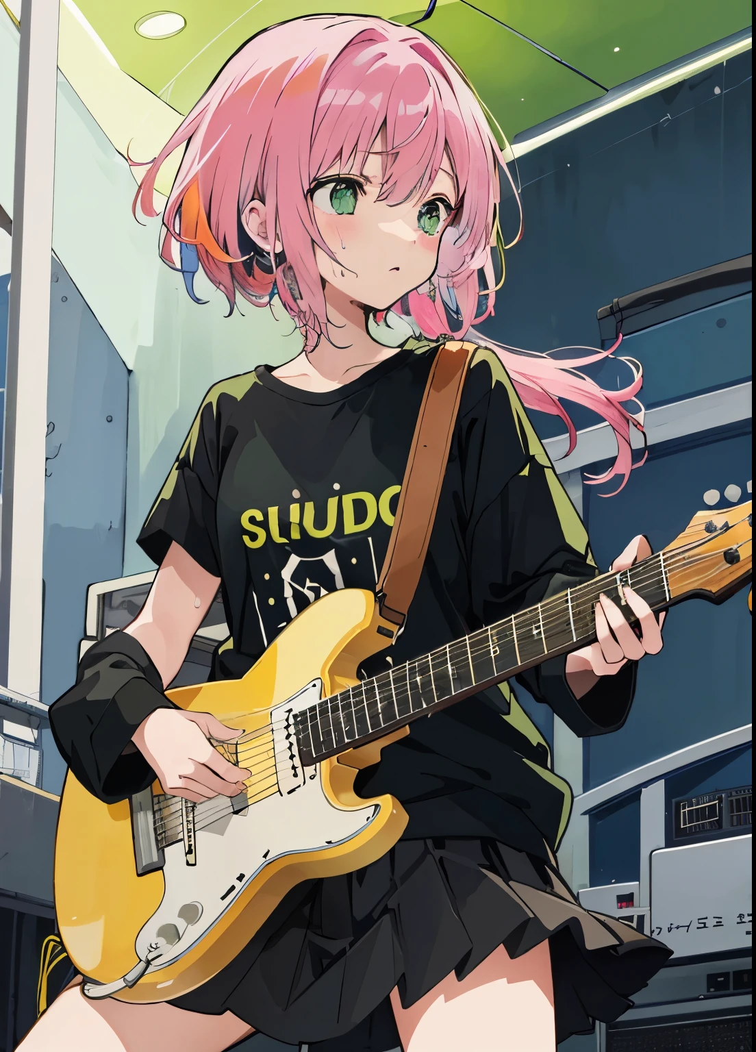 musical instrument, Sweat, 1 girl, guitar, holding_musical instrument, shirt, alone, length_hair, green_eye, black_shirt, skirt, electrical_guitar, pink_hair