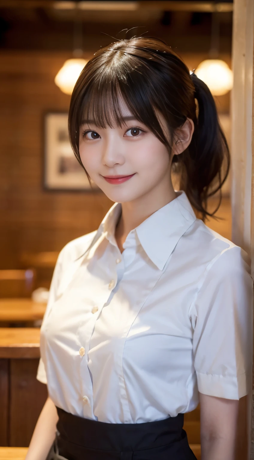 (highest quality,masterpiece:1.3,Super high resolution,),(super detailed,caustics),(Photoreal:1.4,RAW shooting,)ultra-realistic capture,very detailed,High resolution 16K human skin close-up。 Natural skin texture、,The pores are、、Must be detailed enough to be easily identified。 Skin should look even-toned and healthy。 Use natural light and color,restaurant,Waitress Uniform,1 girl,Japanese,18-year-old,cute,black haired,ponytail,big breasts,smile,turn the body forward,(Front view:1.1),look at the camera,cowboy shot,