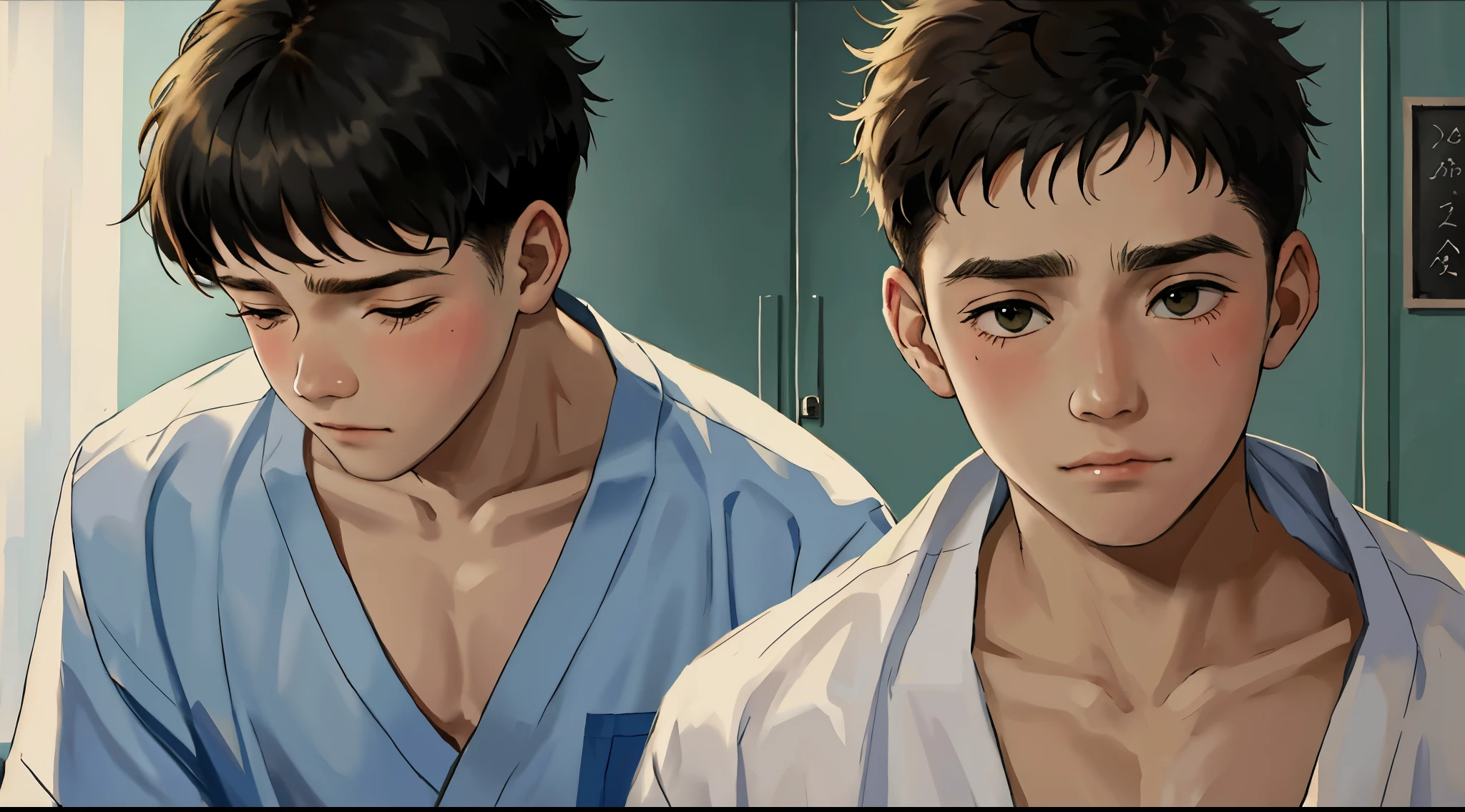 A close-up of two cute 16-year-old men, they are sad, they are in the infirmary, the one in the front has an injured back, the one in the back is healing him