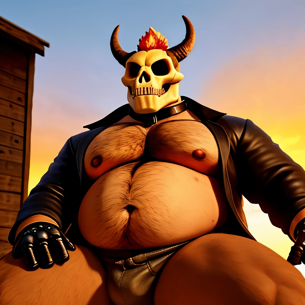 (8k realistic), (Hdr), (high resolution), masterpiece, best art of all, skull, skull on fire, man with skull head on fire, (leather coat:1.3, leather gloves, spike choker), ghostrider, skeleton head, skull head, skull mask, monster, demon, skeleton head covering human head, thick, musclechub, chubby, big, burly, fat, hairy body, ????? hair, sitting on leather stool, legs spread, hard bulge, hard ?????, grabbing bulge, covered bulge, black pants, ?????, aroused, outdoors, desert, abandoned wooden shack, sunset, red lighting, scary, perfect ???????, close up, low angle, ???? feet