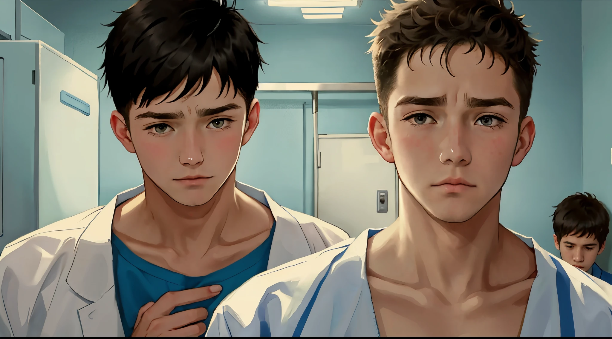 A close-up of two cute 16-year-old men, they are sad, they are in the infirmary, the one in the front has an injured back, the one in the back is healing him