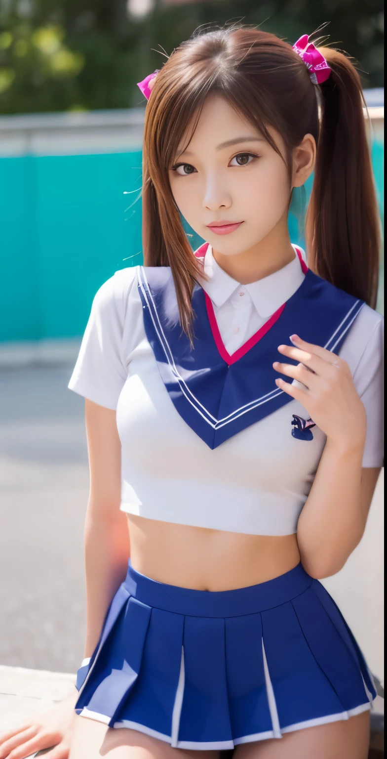 Pants visible from skirt, (japanese cheerleader:1.3), Close-up, photograph, big breasts, (), young face, cute face, RAWphotograph, highest quality, High resolution, (table top), (photographrealistic:1.37), Professional photographgraphy, sharp focus, nffsw, 8K resolution, intricate details, Depth of bounds written, Highly detailed CG Unity 8K wallpaper, front light, NSFW, woman, girl, beautiful supermodel, smile, thin, (Vivid poses:1.3), Rear view, thighs thighs thighs, (twin tails, ponytail, Scrunchie:1.3), (super long hair:1.3), shot from the ground, (Please put the bonbon on your hands only.:1.6)