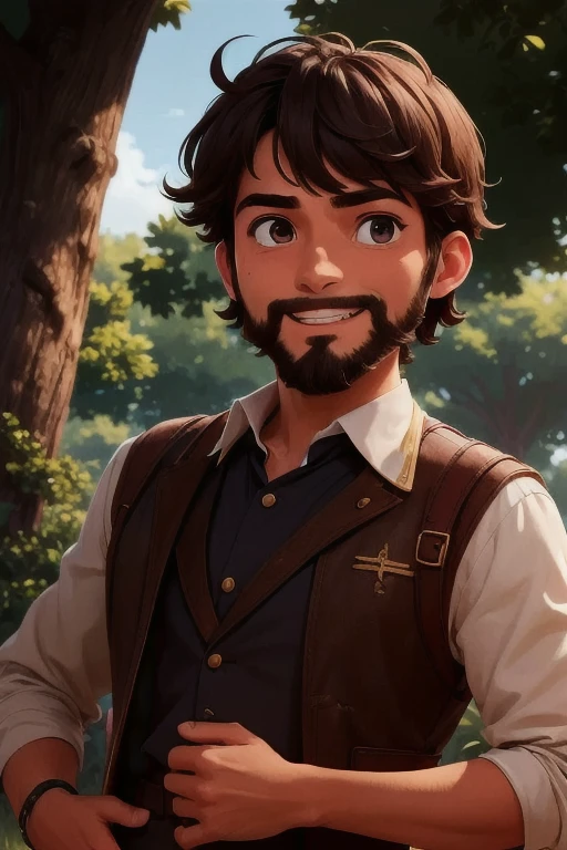 obra maestra,Mejor calidad,rombo,1 16 year old boy with a short goatee beard ,Solo, traje de principe disney, tenencia,enfoque masculino,(cabello ), ojos marron oscuro,tenencia,Boca abierta,terreno para sentarse,Sonrisa,cielo,bosque, 