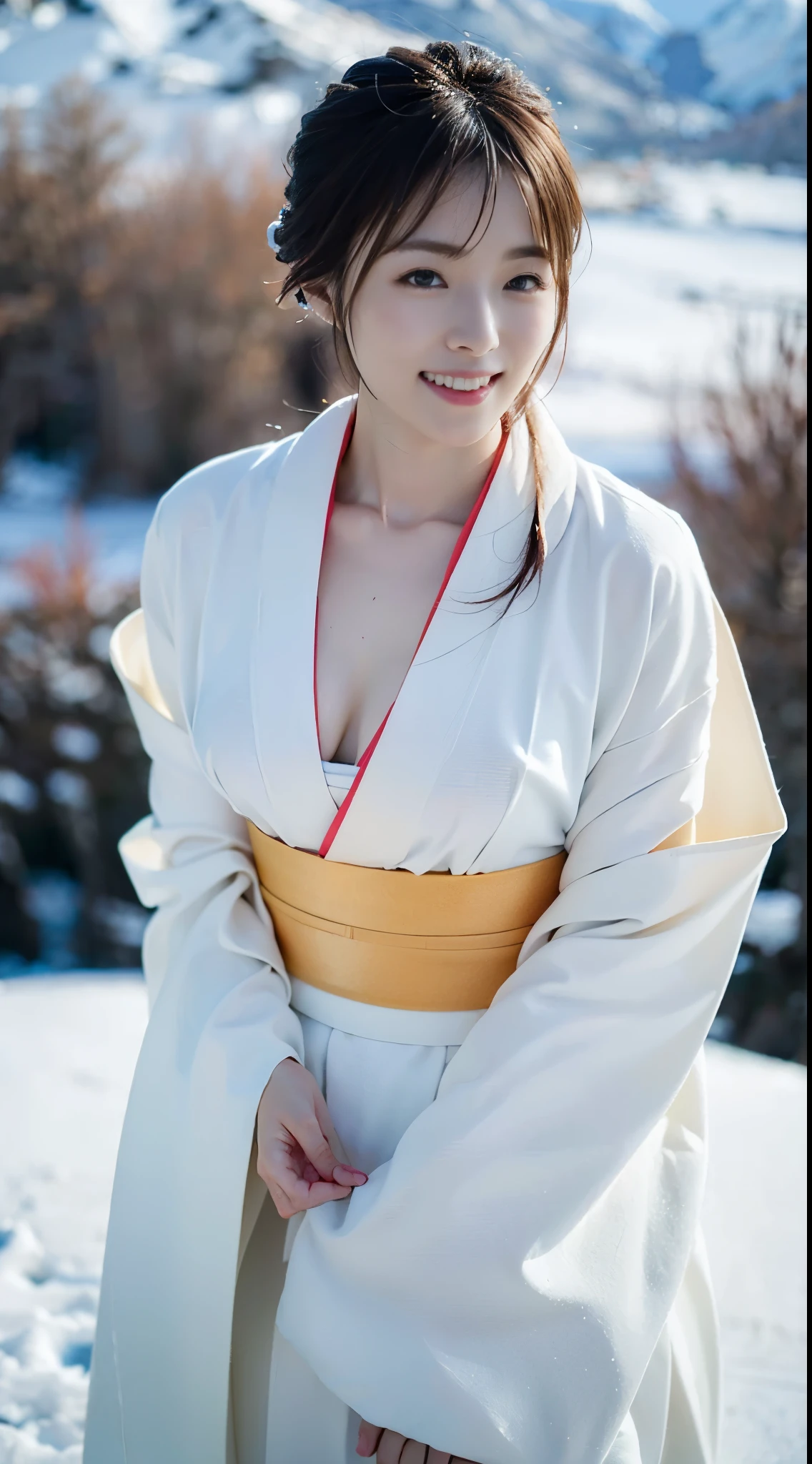 (((Wearing a pure white, thin kimono that shows little skin、Beautiful woman standing on a snowy mountain at night))),(((In the dim light of a blizzard、A Yuki-onna who looks good in a plain white kimono is squatting down looking at me.))),(((muste piece:1.6))),(((Ulsan-6500))),(((perfect anatomy:1.6))),(((Deep depth of field with Hasselblad))),(((sexy waist))),masterpiece,highest quality,ultra high resolution,high detailed portrait,(realistic pictures:1.4),(((tall nose and beautiful face))),(((long limbs like a model))),The fair-skinned nape of the neck is dazzling,(((Beautiful pure white kimono stands out))),Tuck your chin and smile over your shoulder,((Full body shot from above)),20-year-old, Her long glossy chestnut hair is tied up and the nape of her neck is sexy.,((Proud F cup breasts )),(A scene from a famous Japanese folk tale),(Raise the corners of your mouth and eyebrows and smile),((Gravure shooting in a snowy mountain forest)),((long eyelashes,Big eyes,Clear double eyelids,((Glossy thick lips)),(((perfect anatomy:1.4))),