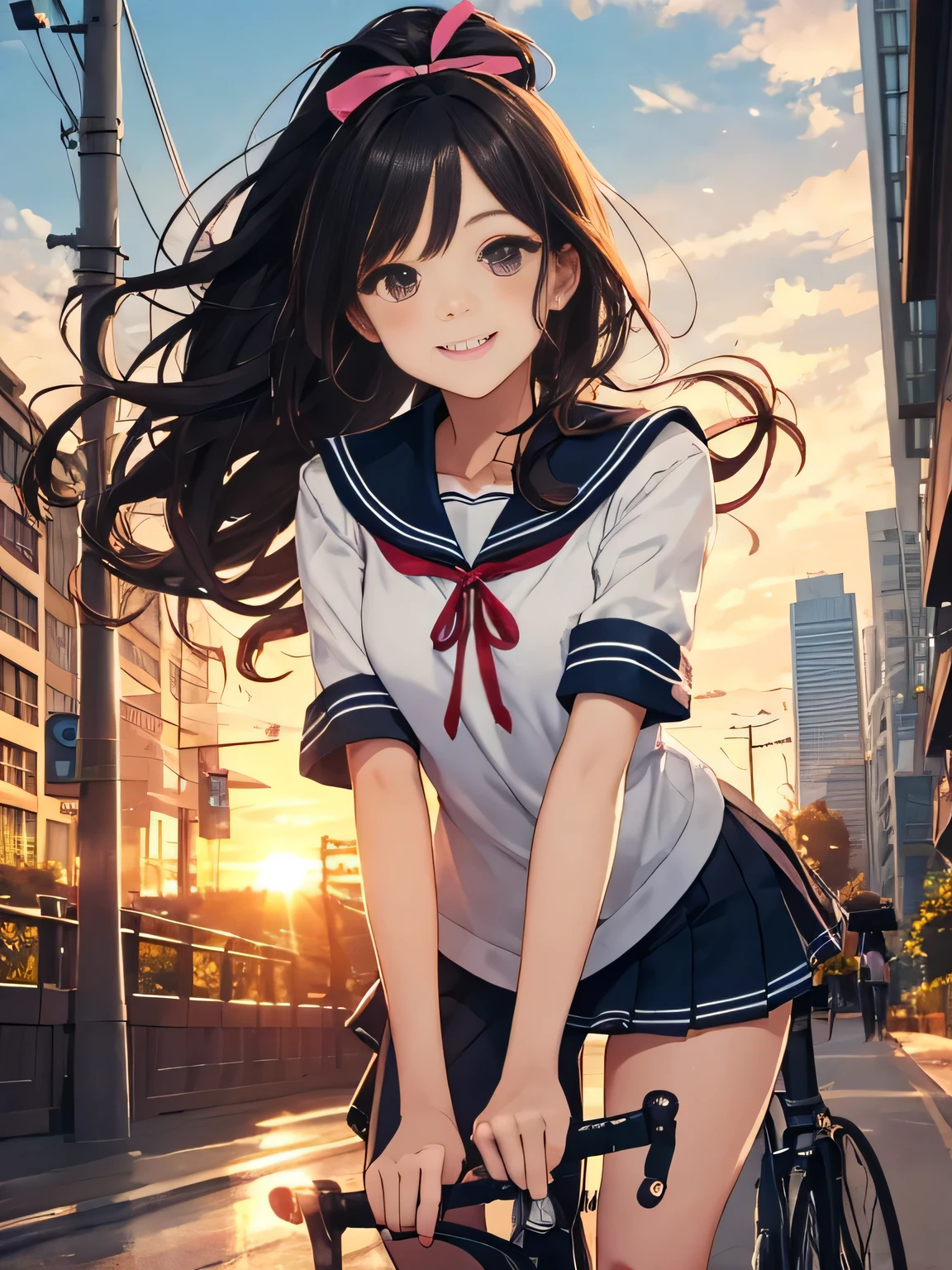 highest quality、High resolution、detailed background、beautiful and detailed face、beautiful and smooth skin、skin texture、professional lighting、Cute beautiful Iful Girl、Cute character wearing a sailor suit.、The costume is a uniform with a sailor collar and ribbon..、Cute Ponytail、cute hair accessories、sleeveless、knee high socks、pleated haute sleeves、white sailor one piece、Let's ride around town on a cool road bike、bicycle、Drop Handle、tires are thin、smile、
Can drive at high speed even in the city, So that you can enjoy the view of the city.、skyscrapers and beautiful architecture、Park and riverside scenery、With the sunset in the background
