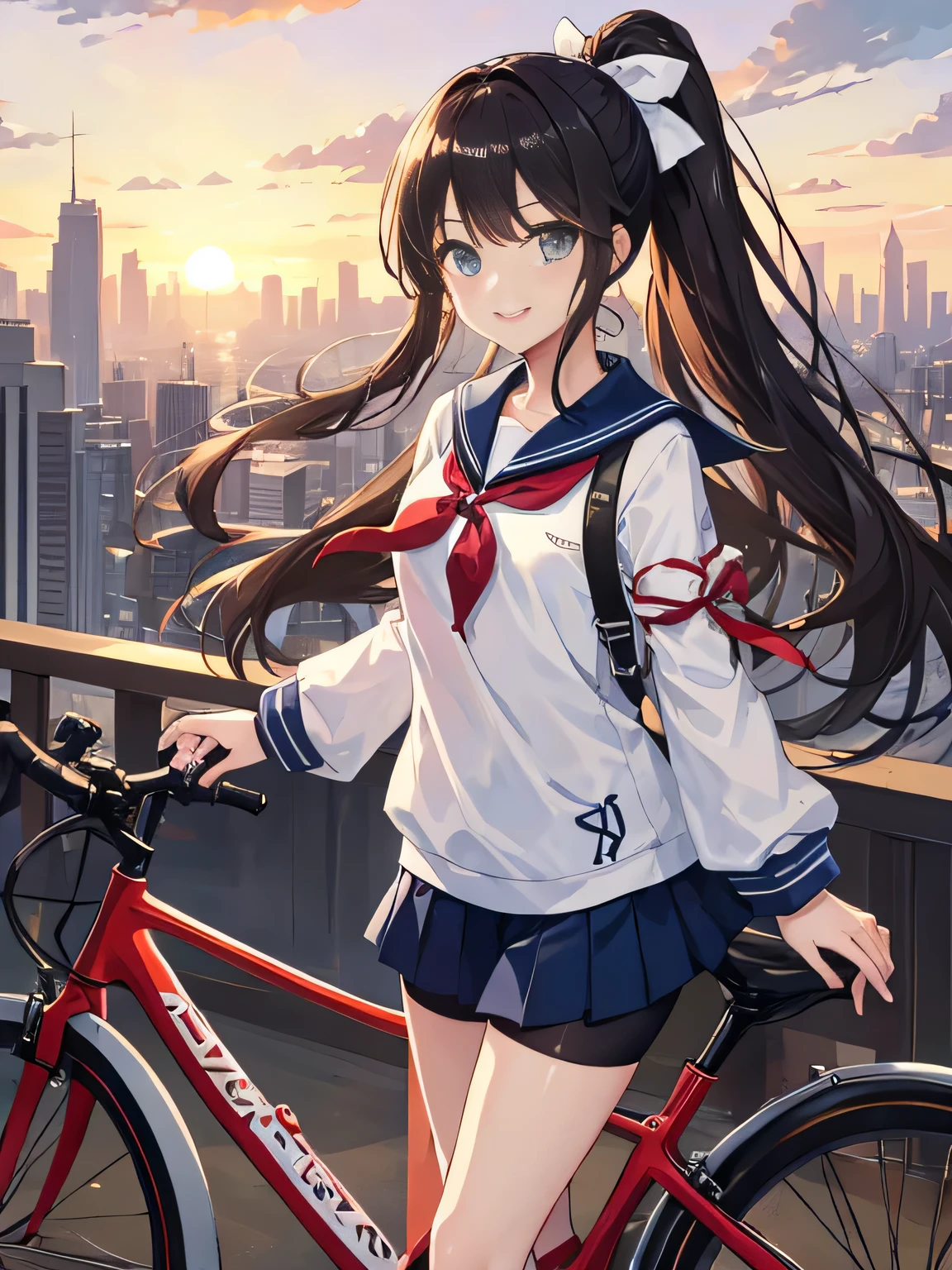 highest quality、High resolution、detailed background、beautiful and detailed face、beautiful and smooth skin、skin texture、professional lighting、Cute beautiful Iful Girl、Cute character wearing a sailor suit.、The costume is a uniform with a sailor collar and ribbon..、Cute Ponytail、cute hair accessories、sleeveless、knee high socks、pleated haute sleeves、white sailor one piece、Let's ride around town on a cool road bike、bicycle、Drop Handle、tires are thin、smile、
Can drive at high speed even in the city, So that you can enjoy the view of the city.、skyscrapers and beautiful architecture、Park and riverside scenery、With the sunset in the background