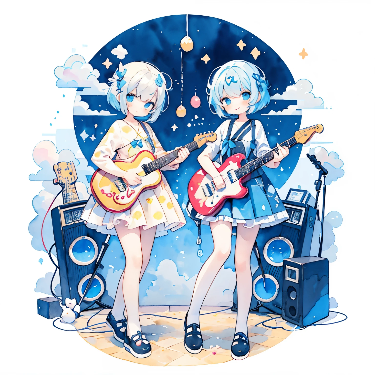 pastel colour:1.5)、(cute illustration:1.5)、(watercolor painting:1.2)、light blue background、with a girl、Full body Esbian、Laugh and laugh、Stranger、Pale yellow all over、Moya、marble、Colorful、jelly、Holding a guitar、Blue Guitar、looking at the viewer、music、musical note、Floating Notes、melodic、short hair、in the room、pretty girl、electric guitars、electric guitarsを持つ、two girls