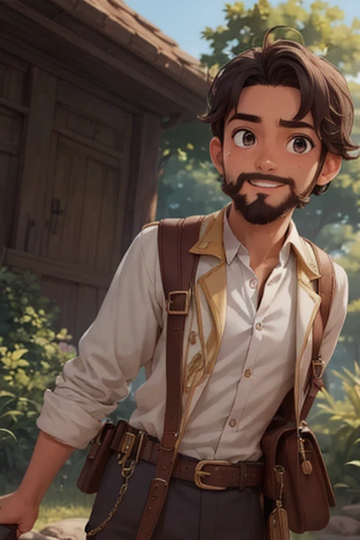 obra maestra,Mejor calidad,rombo,1 16 year old boy with a short goatee beard ,Solo, traje de principe disney, tenencia,enfoque masculino,(((black hair))), ojos marron oscuro,tenencia,Boca abierta,terreno para sentarse,Sonrisa,cielo,bosque,