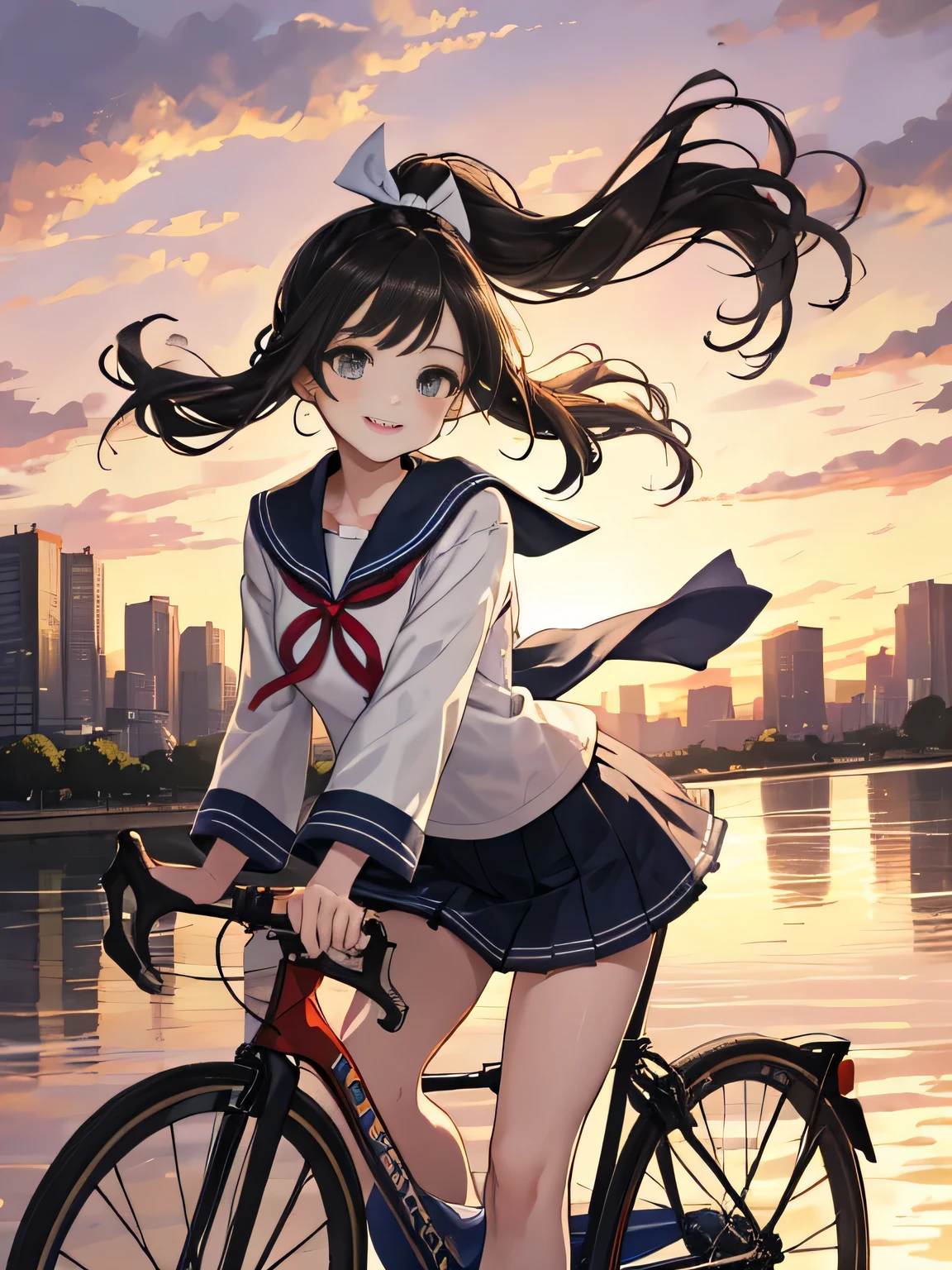 highest quality、High resolution、detailed background、beautiful and detailed face、beautiful and smooth skin、skin texture、professional lighting、Cute beautiful Iful Girl、Cute character wearing a sailor suit.、The costume is a uniform with a sailor collar and ribbon..、Cute Ponytail、cute hair accessories、sleeveless、knee high socks、pleated haute sleeves、white sailor one piece、Let&#39;s ride around town on a cool road bike、bicycle、Drop Handle、tires are thin、smile、
Can drive at high speed even in the city, So that you can enjoy the view of the city.、skyscrapers and beautiful architecture、Park and riverside scenery、With the sunset in the background