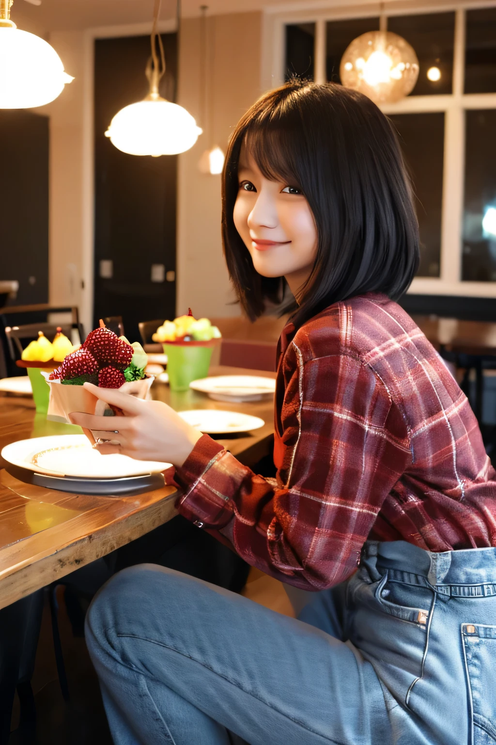 Birthday Party、birthday cake、indoor、 beautiful and cute japanese women. she is wearing dark blue denim pants.. She is short, short and thin hair.I'Iの誕生日を祝ってくれる、red checked long sleeve shirt