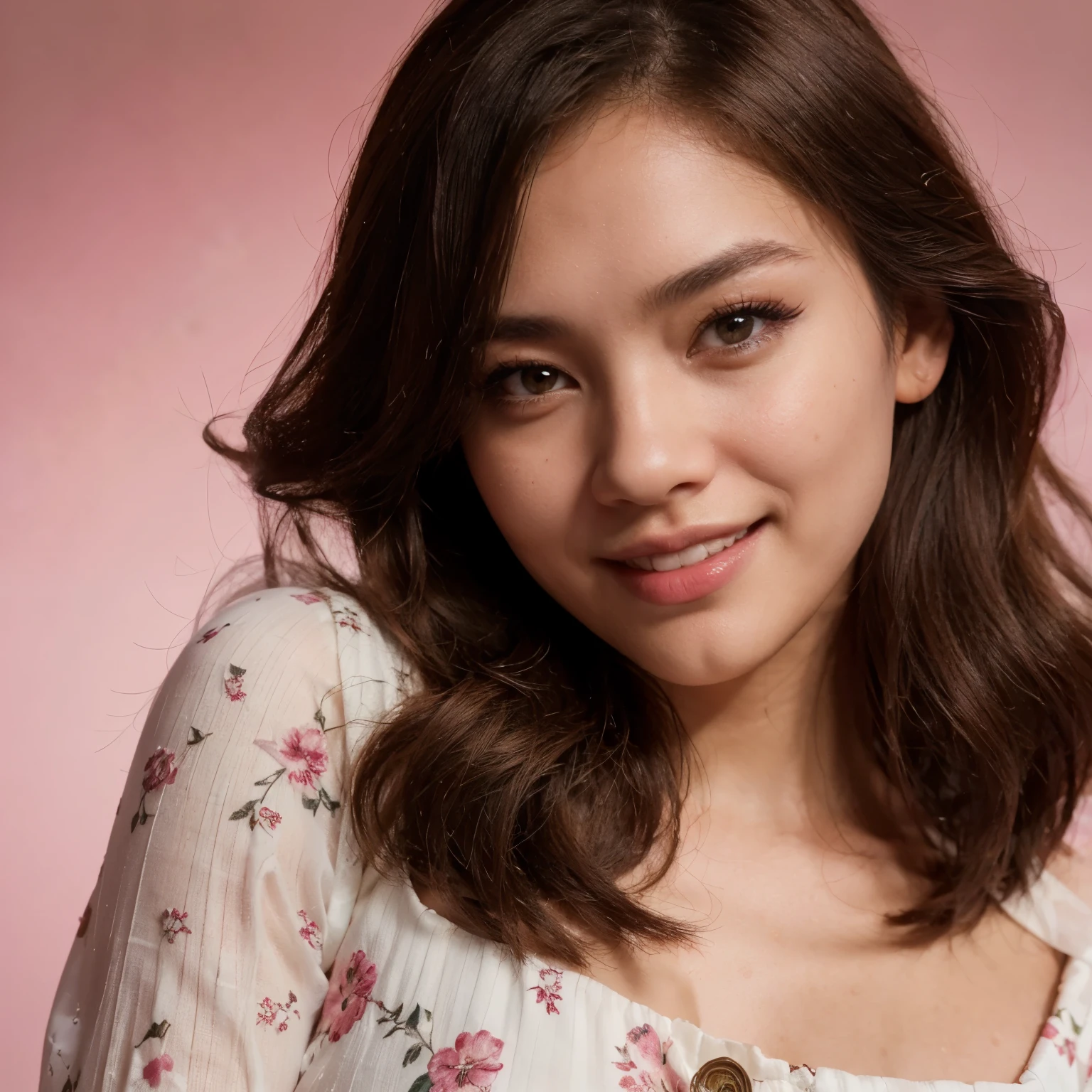 masterpiece, bestquality, photorealistic portrait, ultra-detail, detail, high-res, hyper realistic photography, dramatic shade, studio lighting, top dutch angle, an expressive indonesian adult girl stylish, happy radiant & winked eyes with cuteness, jisoo blackpink type looks with stylish brown hair, wear white floral dress stylish open shoulder, facial detail, bright big eyes on camera, pore moist natural white shiny radiant skin, good makeup, blushy cheeks, red lips, good eye makeup, cleavage shows, big breast, nipple shows transparently, pink background, cinematic, Perfect dynamic composition, beautiful detail eyes, eyes on camera, Fujifilm XF 56mm f/1.2 R Lens. HDR10 8K wallpaper, high detailed, wallpaper quality, good anatomy, body, hand & fingers (lora:add_detail:0.8)