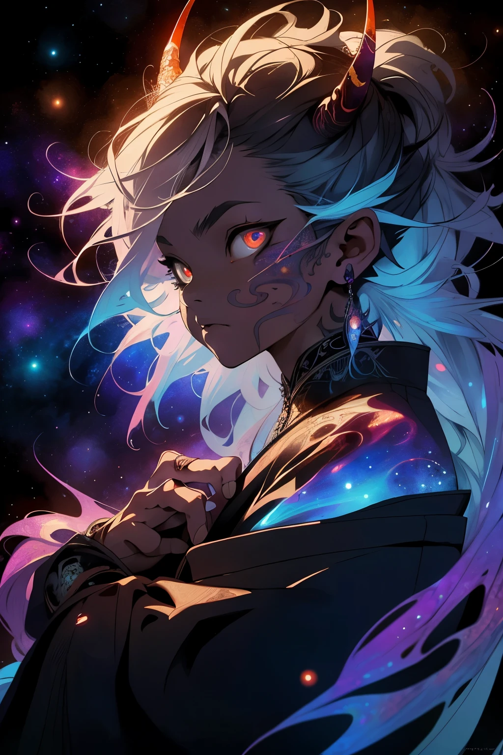 Realistic, (Masterpiece, Top Quality, Best Quality, Official Art, Beauty and Aesthetics, atmospheric, cosmic, gothic, psychedelic: 1.2), Very Detailed, Fractal Art, Colorful, Most Detailed, Zentangle, (Abstract Background: 1.5) (1boy: 1.3), demon, oni horns, long White Hair, Hair, (Glowing Red Eyes, tons oftattoos and piercings), Mysterious, (dark Magic), Handsome Man, japanese folklore Style