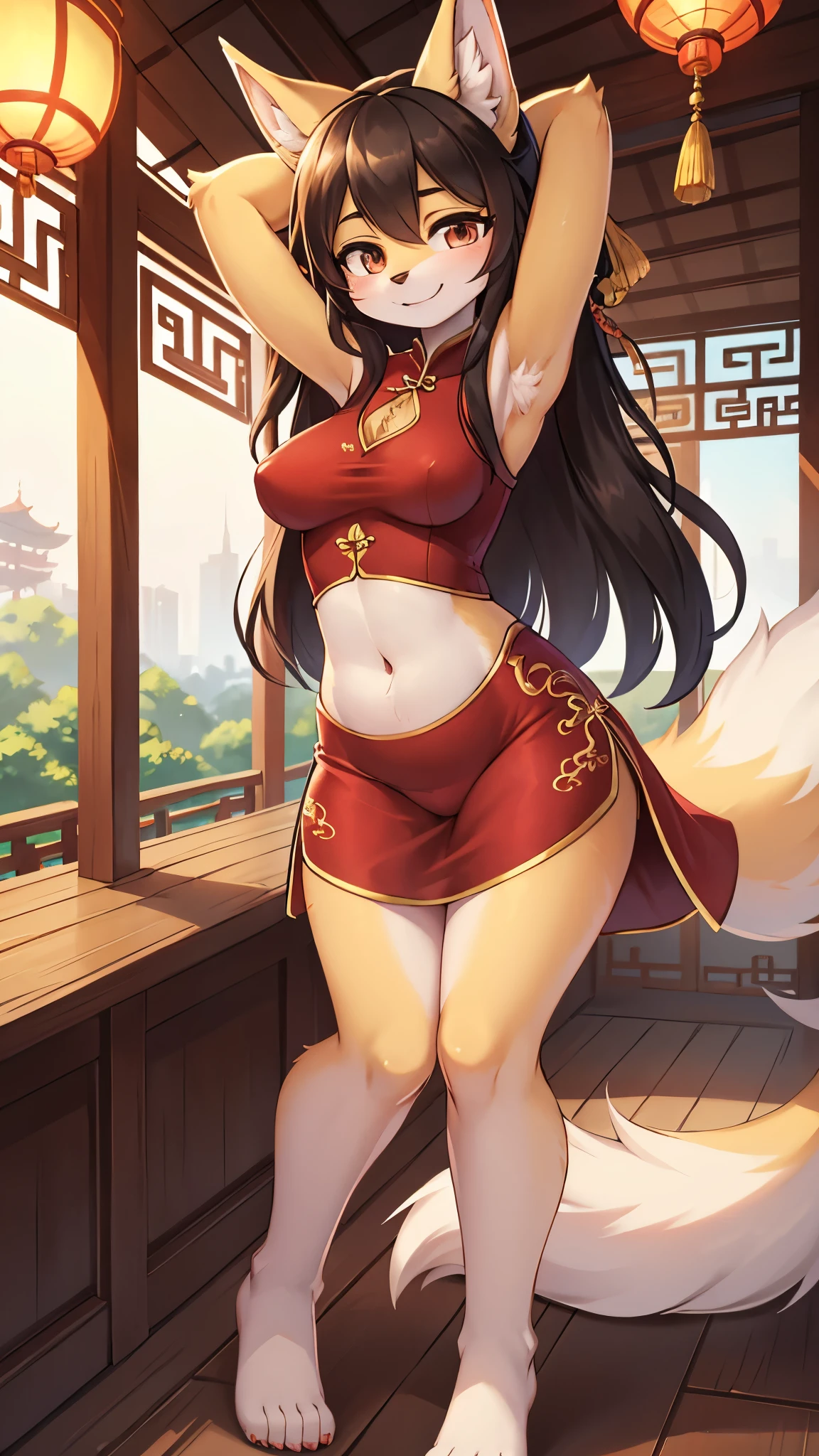 fox girl,black long hair,wavy hair,beige fur,neck fur,pubic fur,armpits fur,red cheongsam,chinese garden,smile,two closed eye,stand