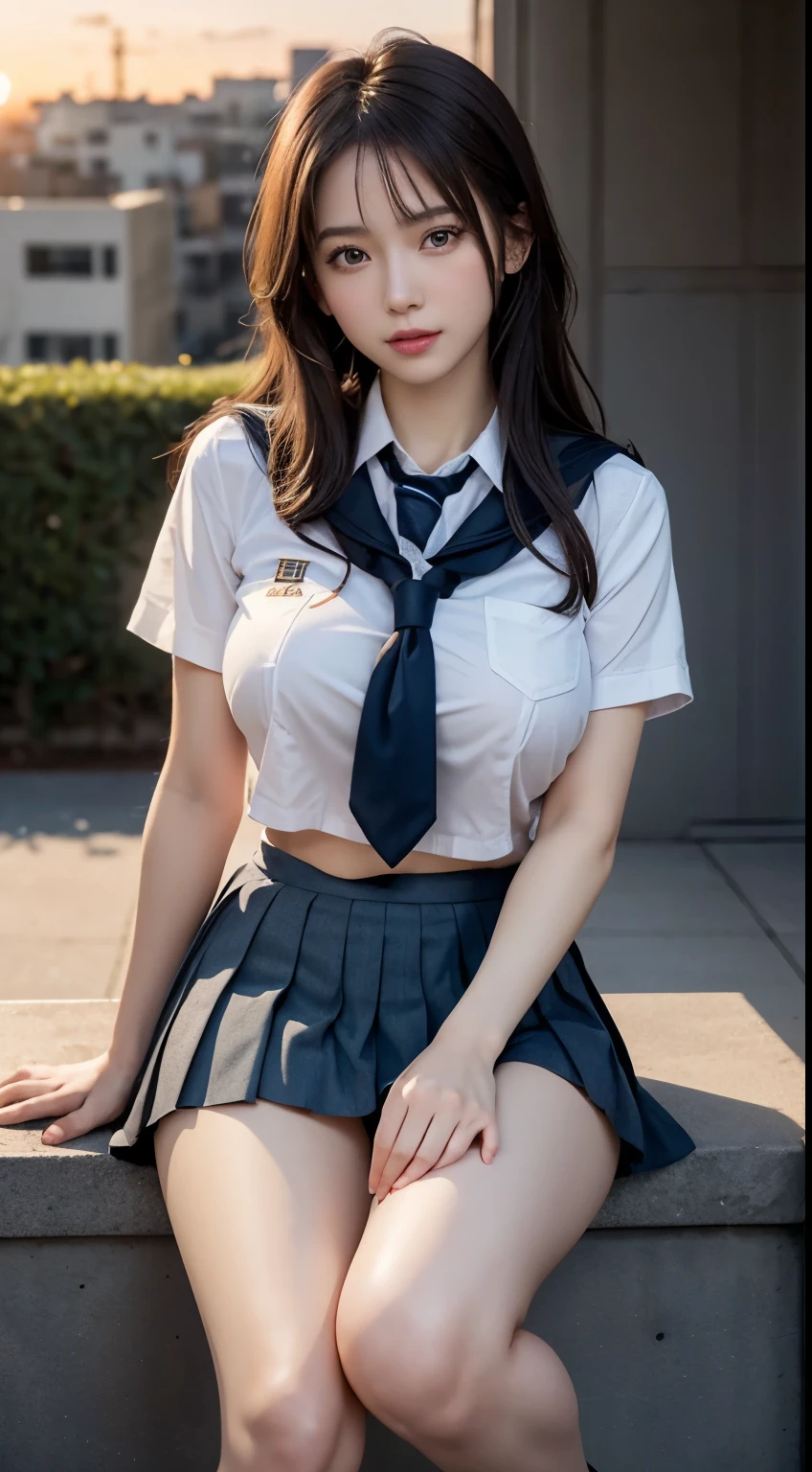 (highest quality:1.4), (hyper quality), (Super detailedな), 1 beautiful girl, Super cute, wonderful face and eyes, (school uniform, pleated mini skirt:1.5), (Beautiful and incredibly big breasts:1.2), (slender body:1.1), (thin legs), (thin waist), real skin texture, bangs, bright and shiny lips, Beautiful Goddess Advent, beautiful background, golden ratio, conceptual art, Super detailed, Accurate, advanced details, outdoor, sexy art, surrounded by a beautiful sunset, bright light, Super delicate illustration details, Highly detailed CG integrated 8K wallpaper, RAW photo, professional photos, cinematic lighting, Depth of bounds written, No bra, (The nipple protrusions push up the uniform), cropped tops, High heels on bare feet