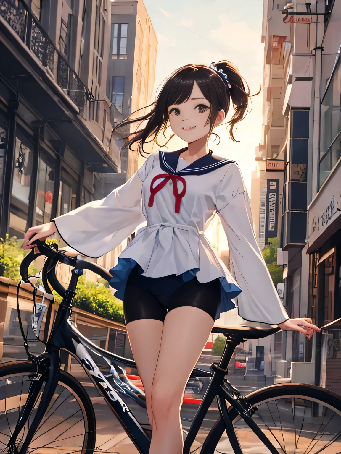 highest quality、High resolution、detailed background、beautiful and detailed face、beautiful and smooth skin、skin texture、professional lighting、Cute beautiful Iful Girl、Cute character wearing a sailor suit.、The costume is a uniform with a sailor collar and ribbon..、Cute Ponytail、cute hair accessories、sleeveless、knee high socks、pleated haute sleeves、white sailor one piece、Let's ride around town on a cool road bike、bicycle、Drop Handle、tires are thin、smile、
Can drive at high speed even in the city, So that you can enjoy the view of the city.、skyscrapers and beautiful architecture、Park and riverside scenery、sunset